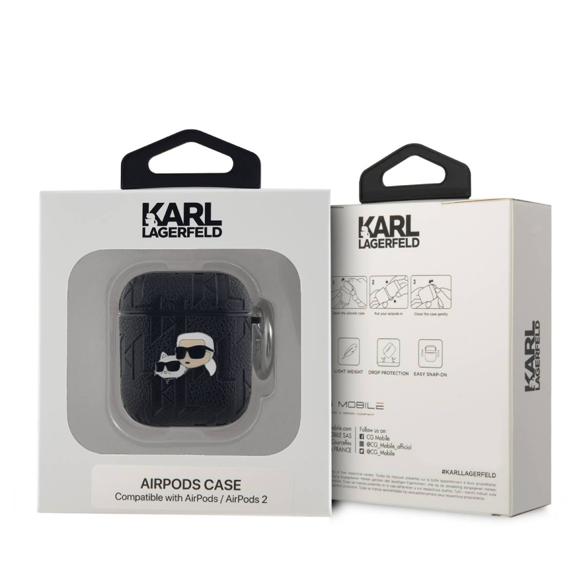 Funda negra Karl Lagerfeld AirPods en caja. Fondo blanco. Compatible con AirPods 2.
