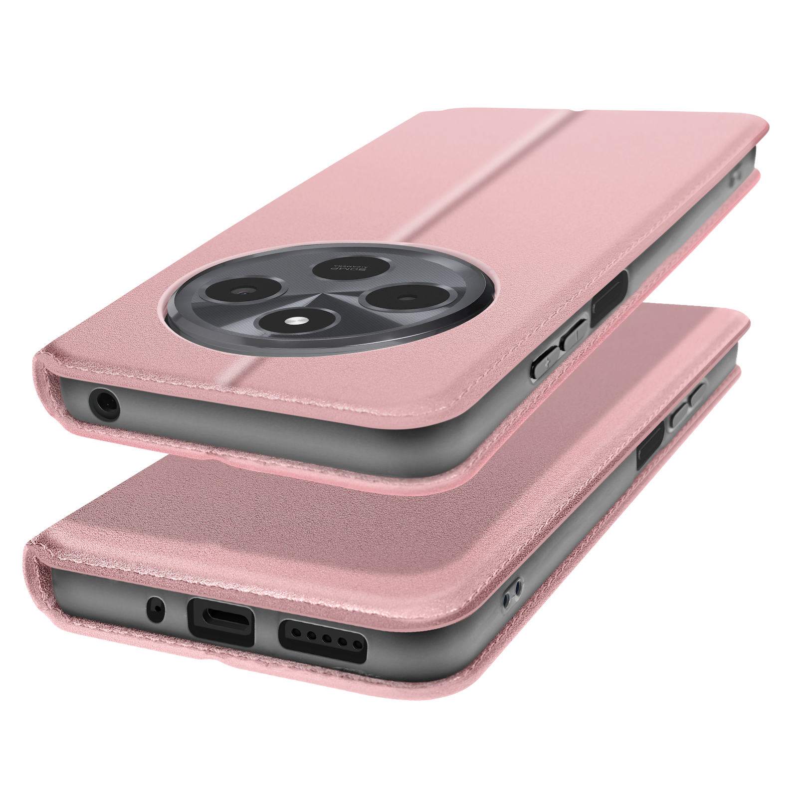 Custodia rosa per telefono aperta che mostra il telefono. Telefono color rosa. Sfondo bianco.