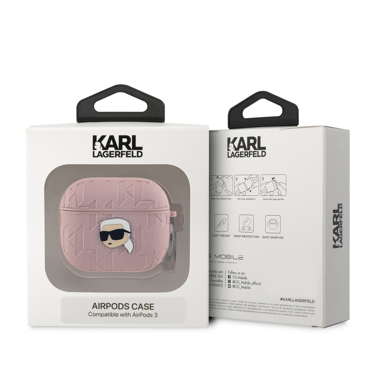 Funda rosa Karl Lagerfeld AirPods en caja. Fondo blanco. Contiene AirPods 3.