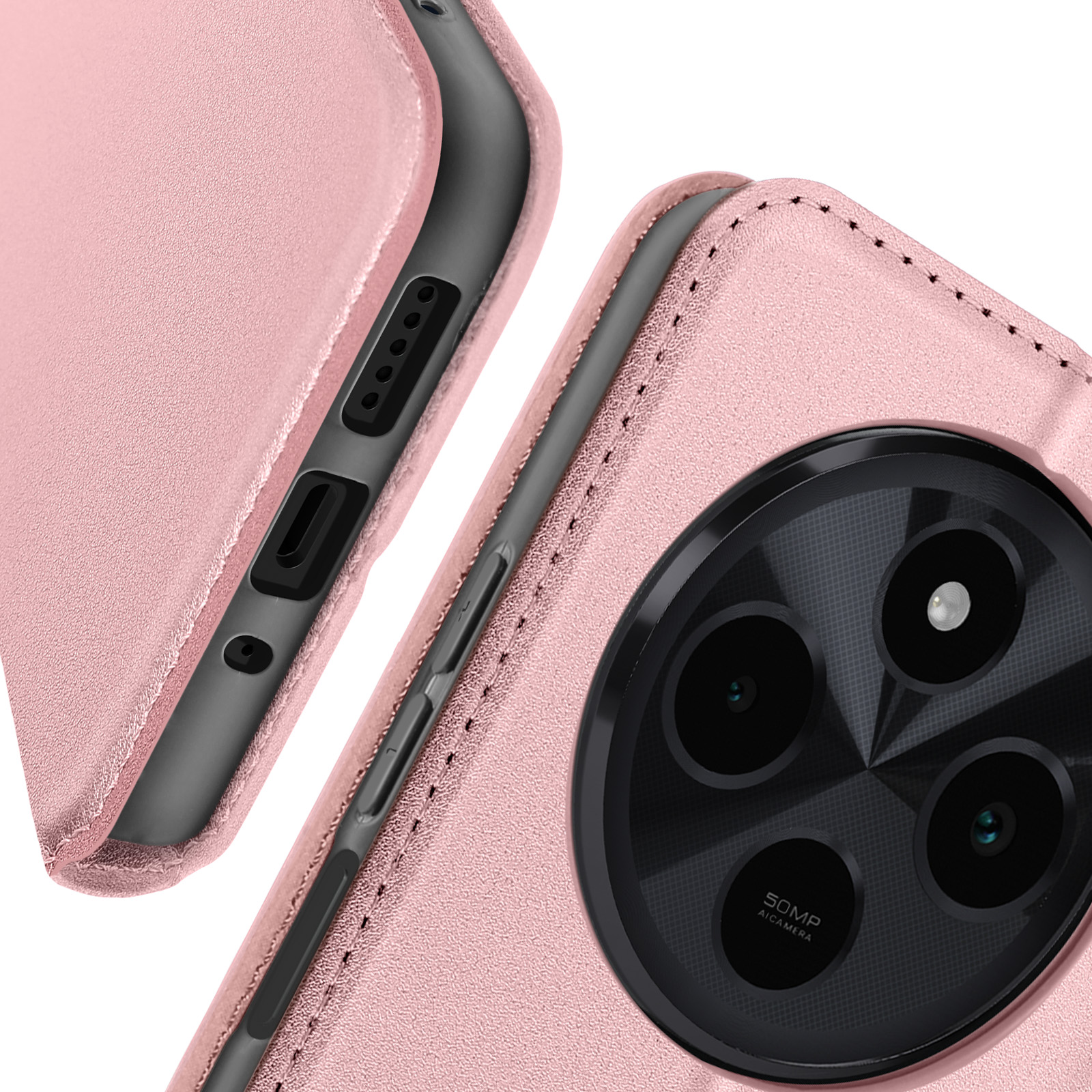 Primo piano di custodia e telefono rosa. Il telefono ha un obiettivo grande. Sfondo grigio.