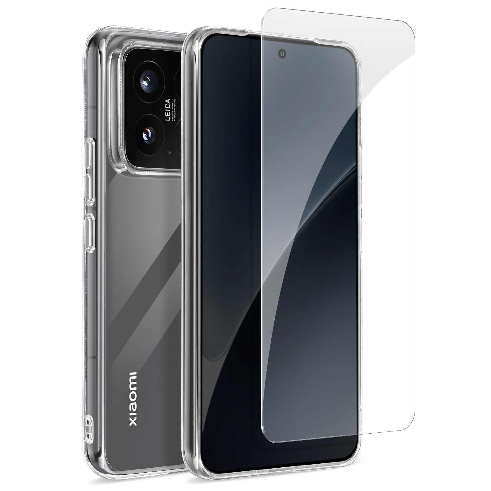 Custodia trasparente per telefono, telefono e protezione schermo. Il telefono ha la fotocamera Leica. Sfondo bianco.