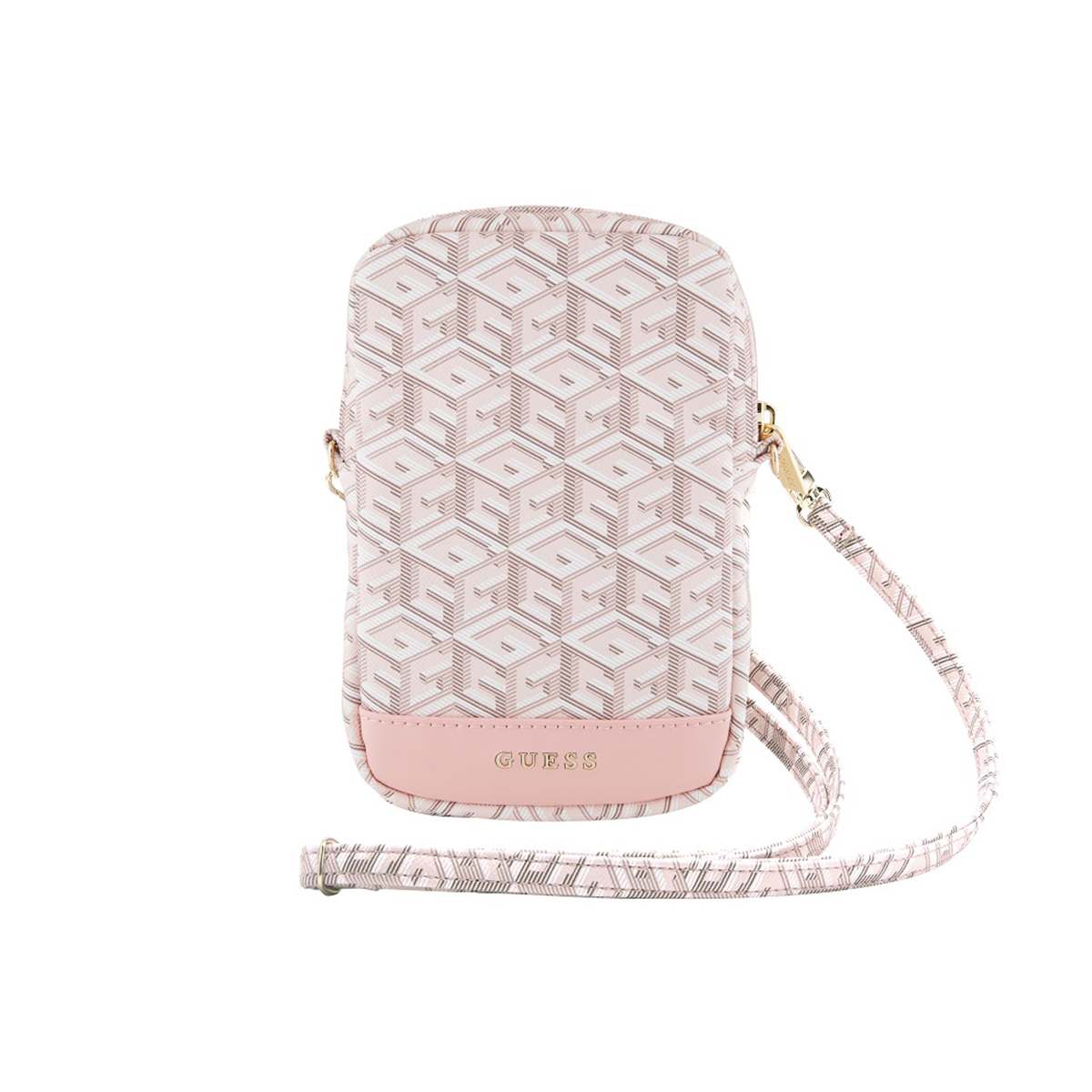 Custodia rosa Guess per telefono con cinturino, motivo geometrico. Sfondo bianco.