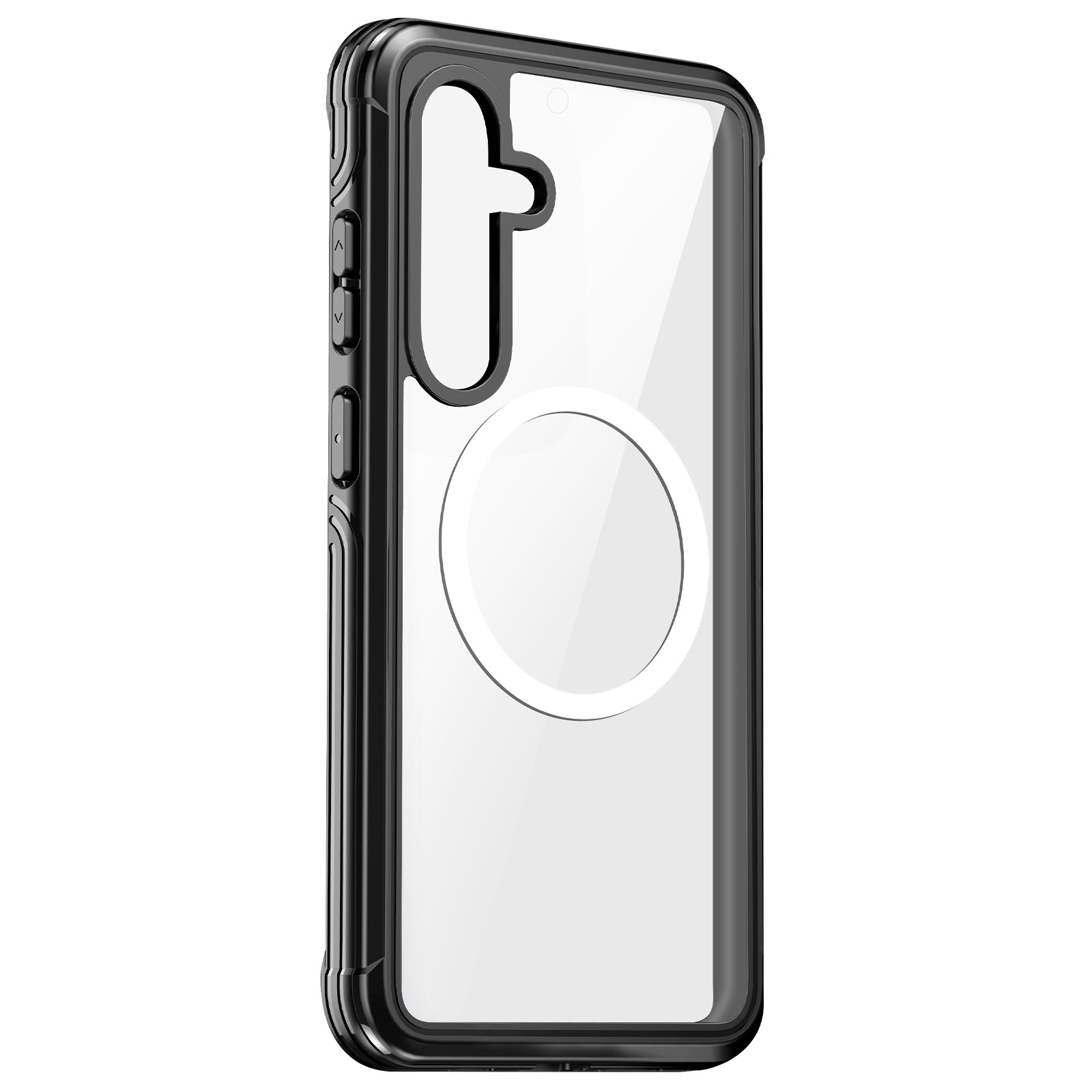 Custodia trasparente per telefono con cornice nera. Cerchio bianco. Telefono nero. Sfondo bianco.