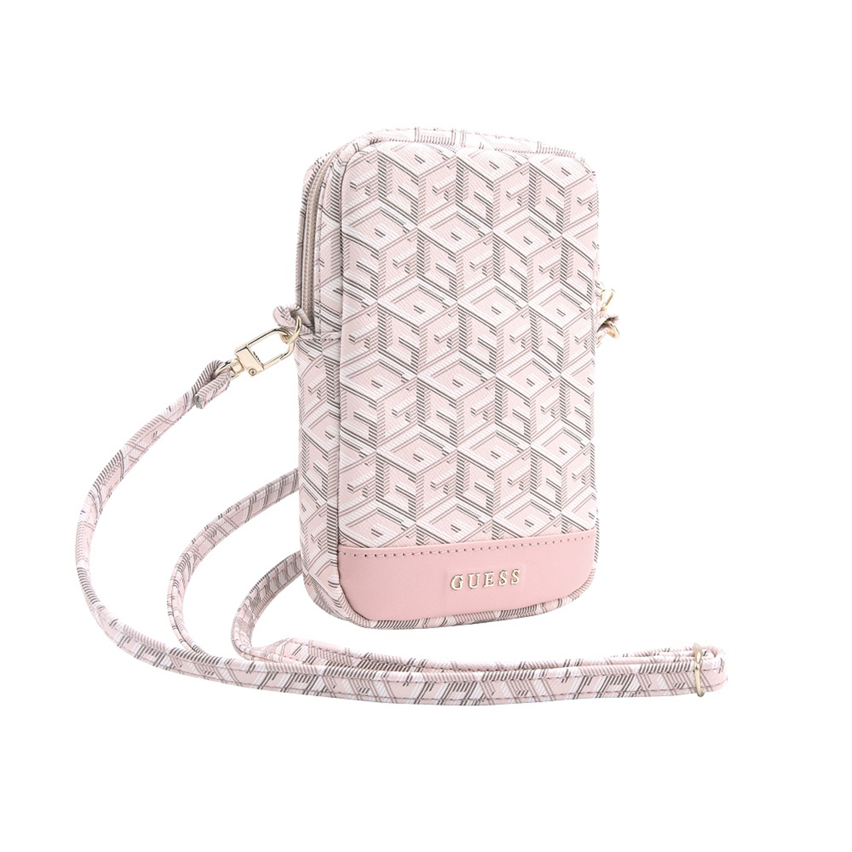 Custodia rosa Guess per telefono con cinturino, motivo geometrico. Sfondo bianco.
