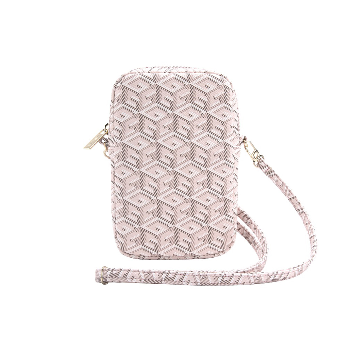 Custodia rosa Guess per telefono con cinturino, motivo geometrico. Sfondo bianco.