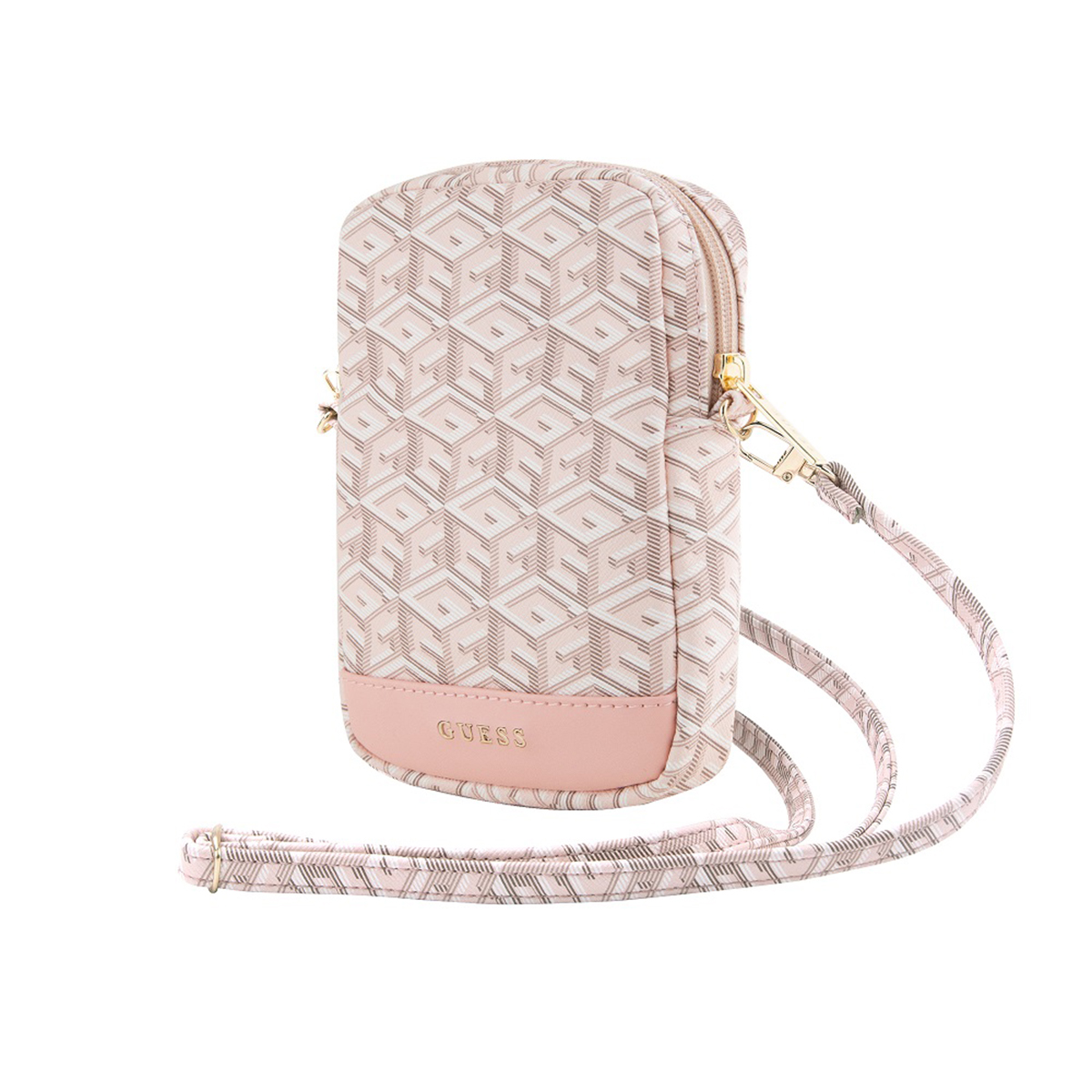 Borsa per telefono a fantasia rosa e bianca con tracolla. Logo GUESS in basso, sfondo bianco.