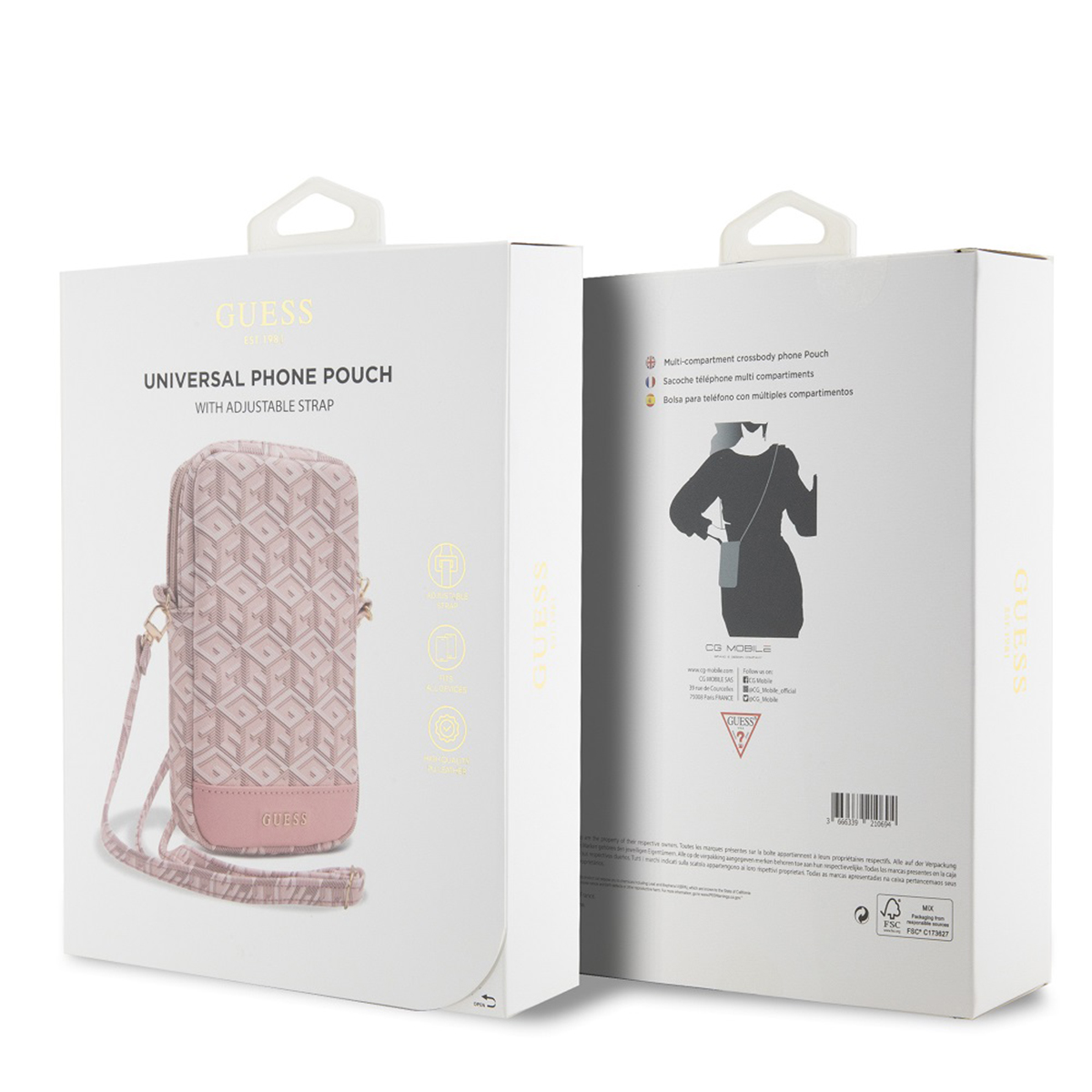 Una scatola bianca per custodia per telefono Guess. Presenta testo e uno schizzo di una donna che indossa una custodia.