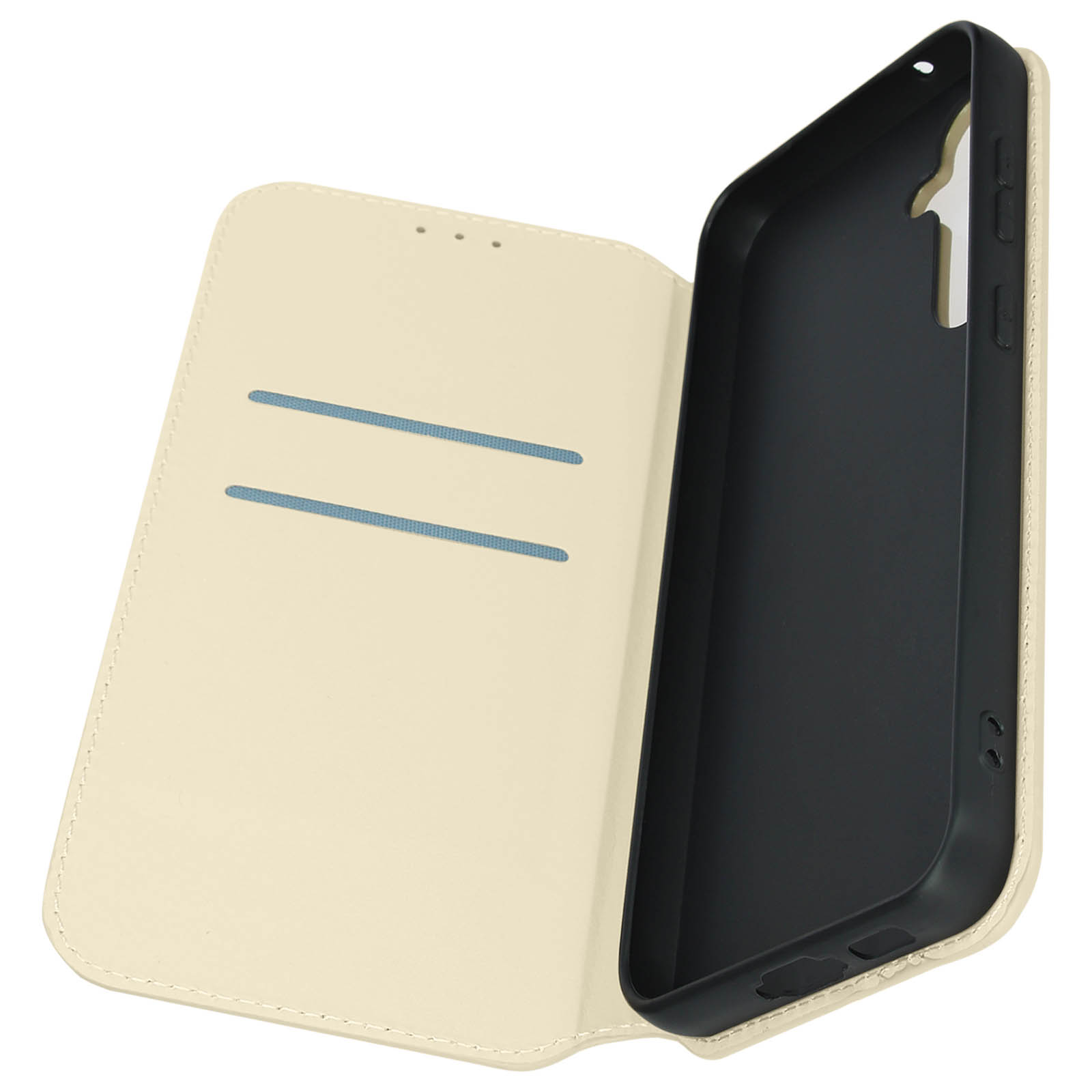 Una custodia per telefono aperta, color crema, con fessure interne per carte e un supporto nero per telefono.