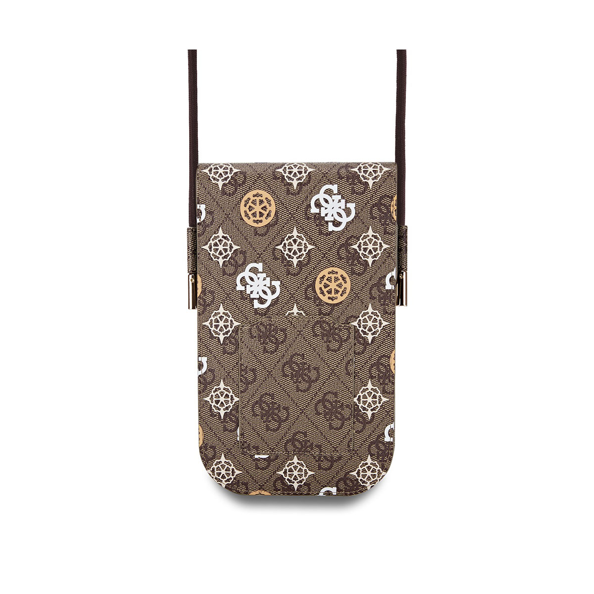 Braune Guess-Handyhülle mit Logomuster. Weißer Hintergrund.