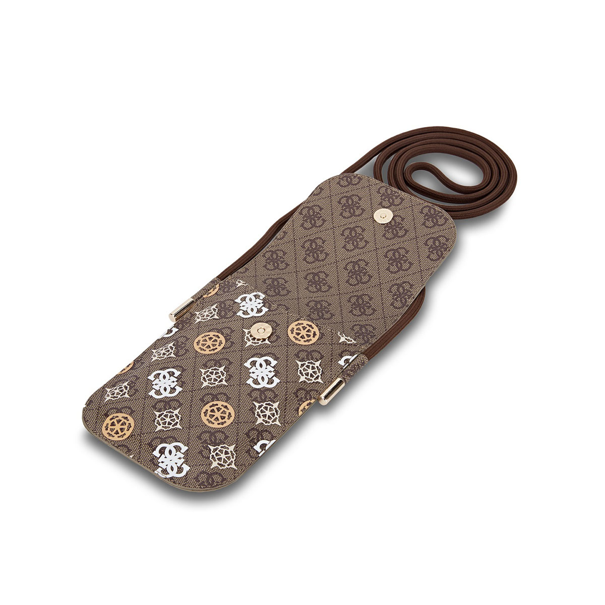 Braune Guess-Handyhülle mit Riemen. Die Hülle ist offen mit Muster.