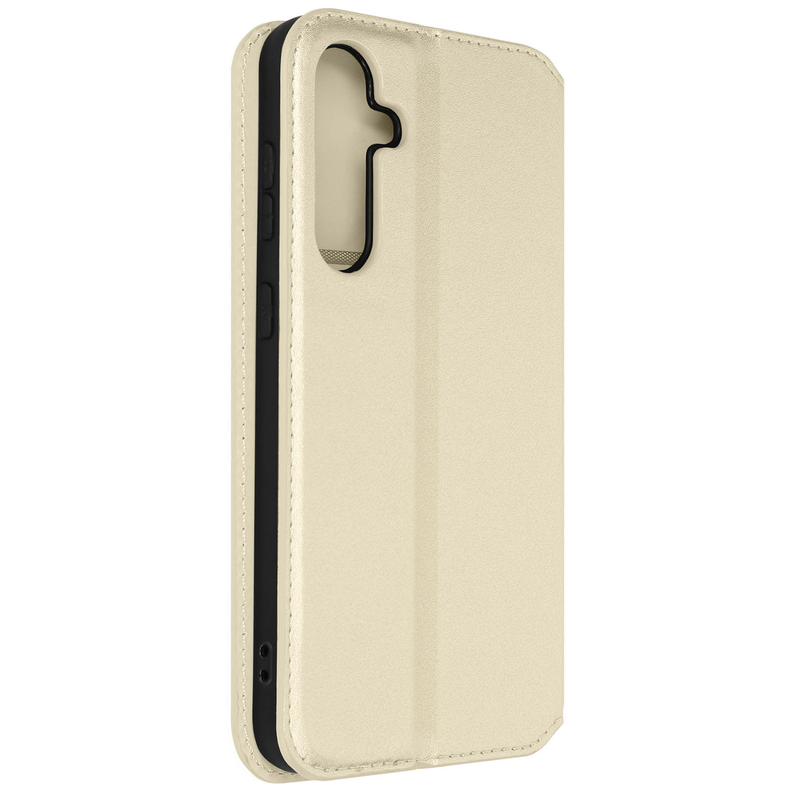 Custodia beige per telefono, vista laterale. Lati neri. Sfondo bianco.