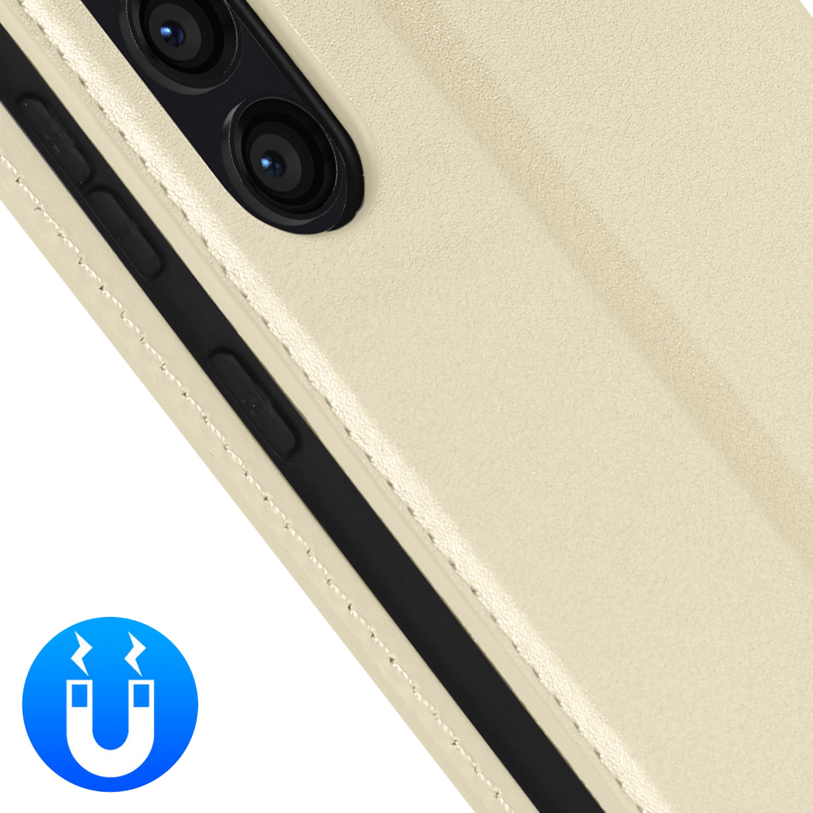 Primo piano di una custodia per telefono con un simbolo di magnete. La custodia è beige.