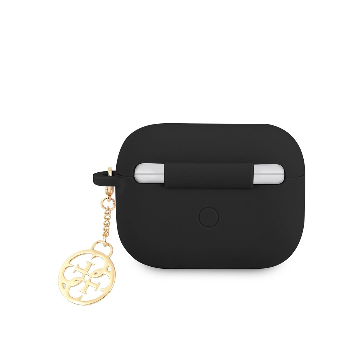 Una funda negra para AirPods con un dije dorado con el logotipo de Guess colgando, sobre un fondo blanco.