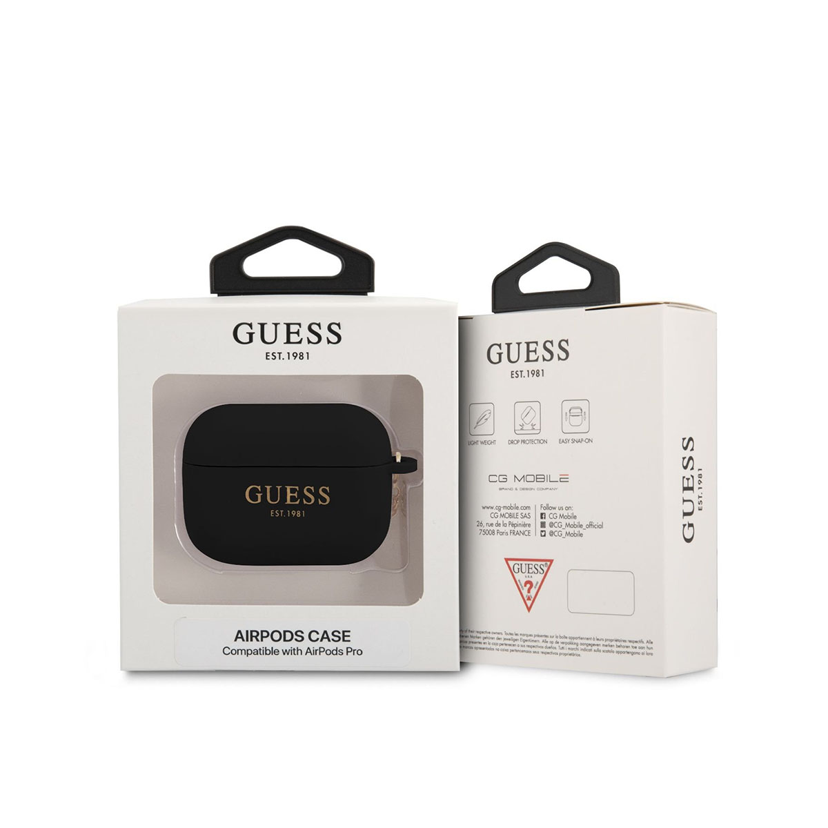 Una funda Guess para AirPods en una caja. La caja tiene el logotipo y el texto de Guess.
