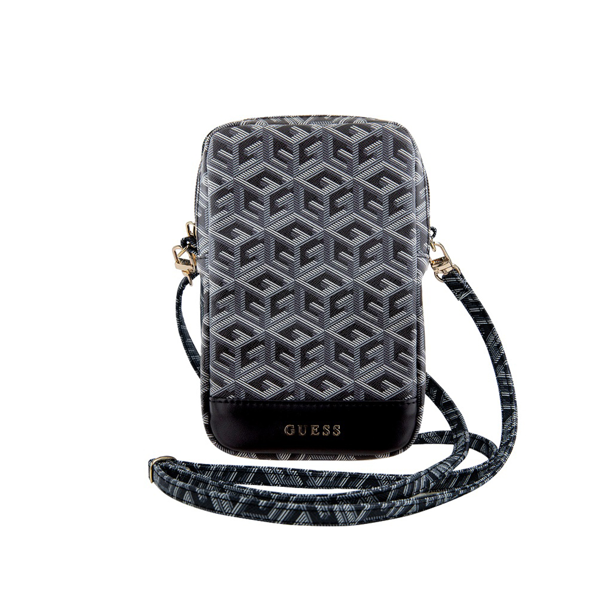 Borsa per telefono a fantasia nera e grigia con tracolla. Logo GUESS in basso, sfondo bianco.