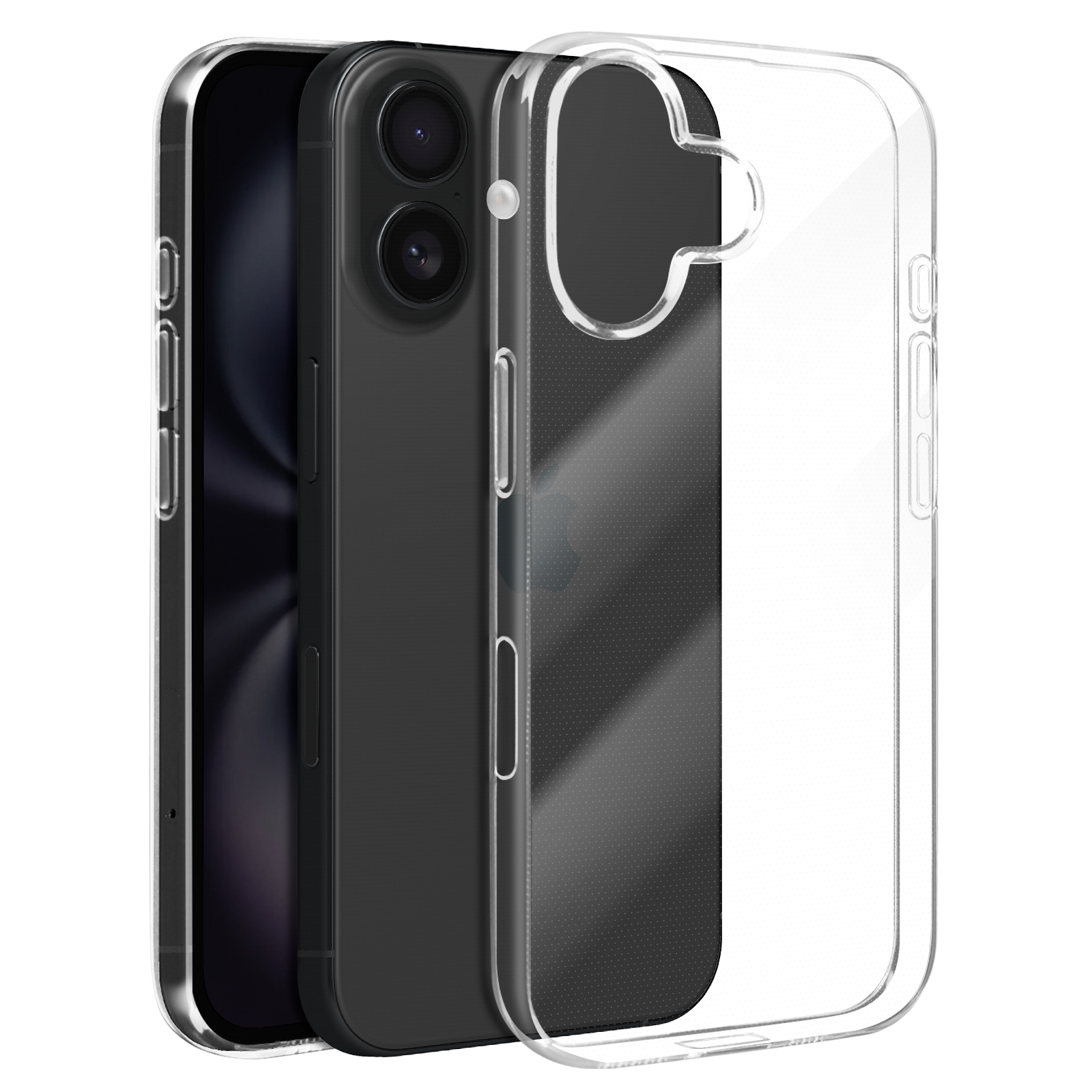 Un telefono nero con due fotocamere in una custodia trasparente, con la custodia aperta, su sfondo bianco.