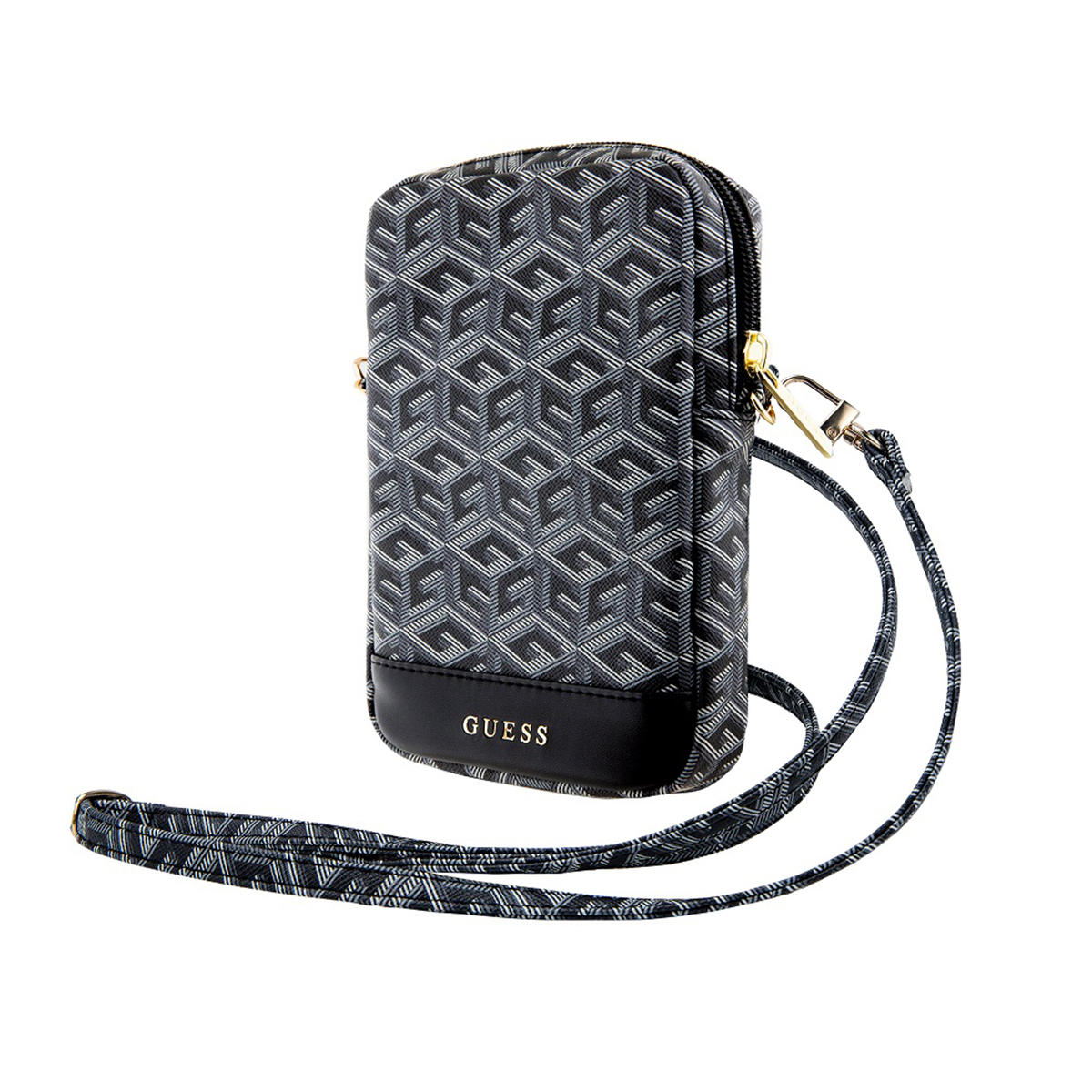 Una custodia per telefono Guess nera e grigia con un motivo a logo ripetuto e una tracolla.
