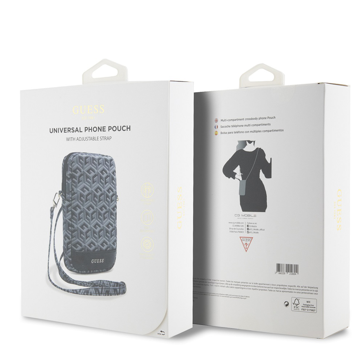 Due scatole bianche Guess per custodia del telefono, che mostrano una custodia a righe con cinturino.