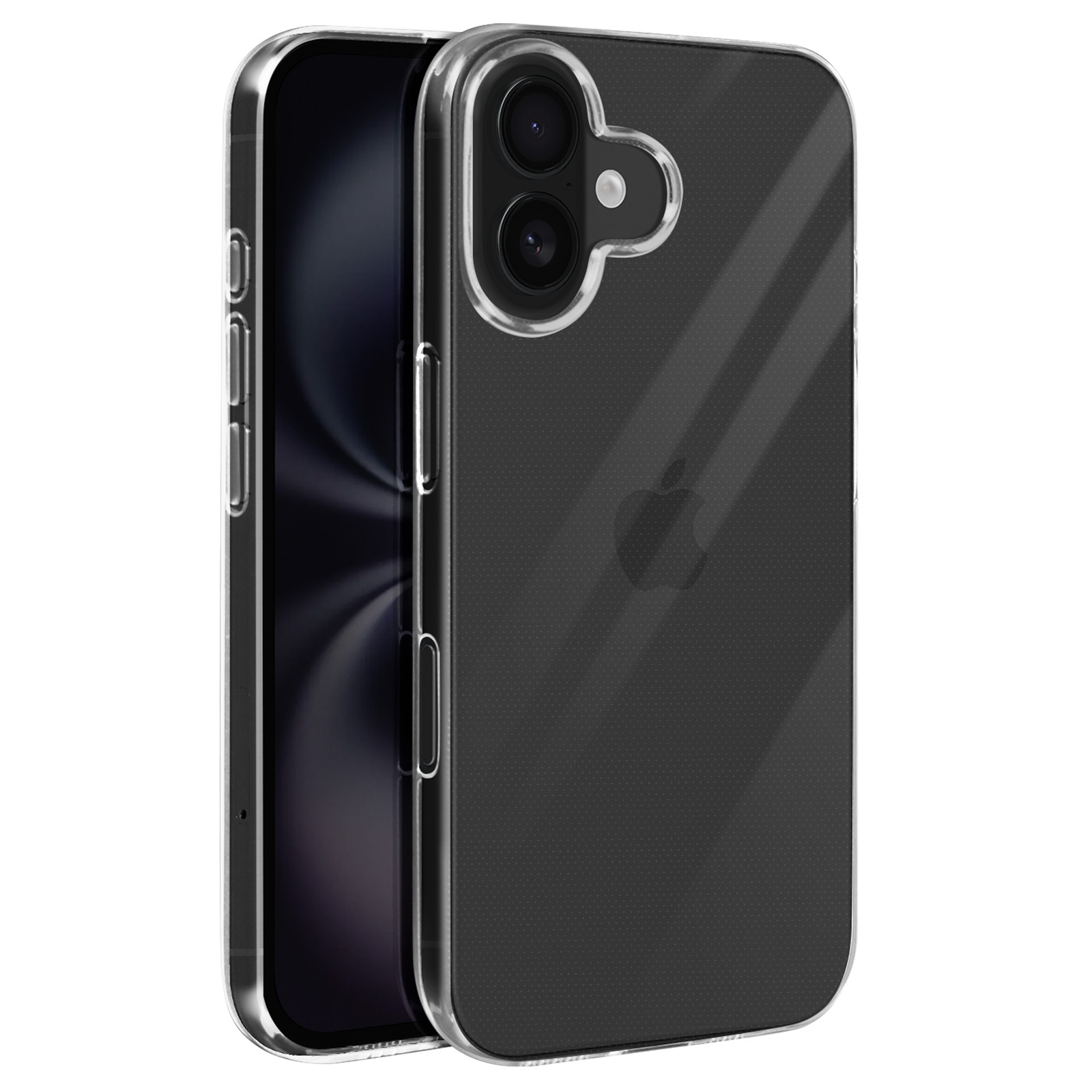 Custodia trasparente con telefono nero all'interno, mostra il logo Apple. Bordi argentati.