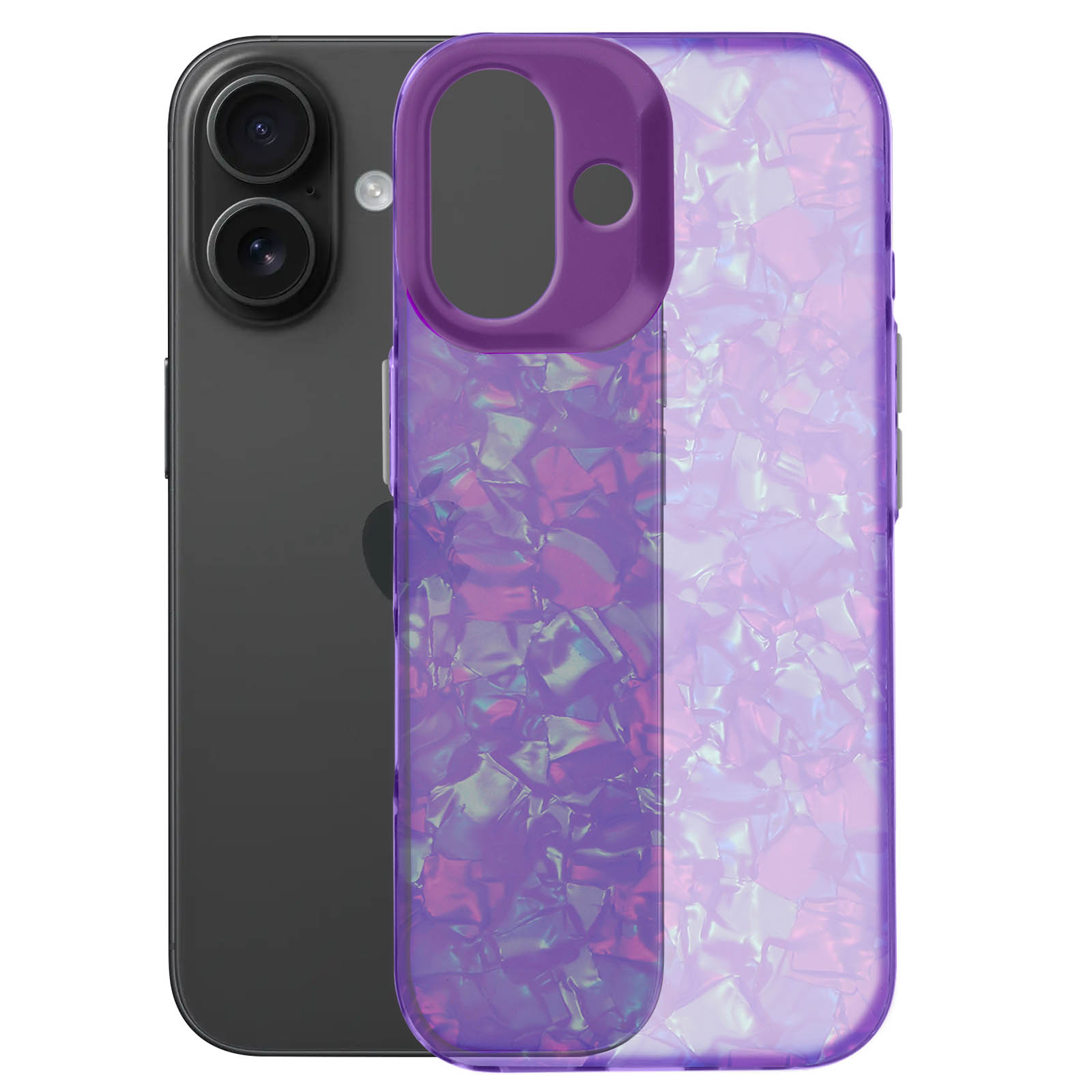 Telefono nero con una custodia viola. Sfondo bianco.
