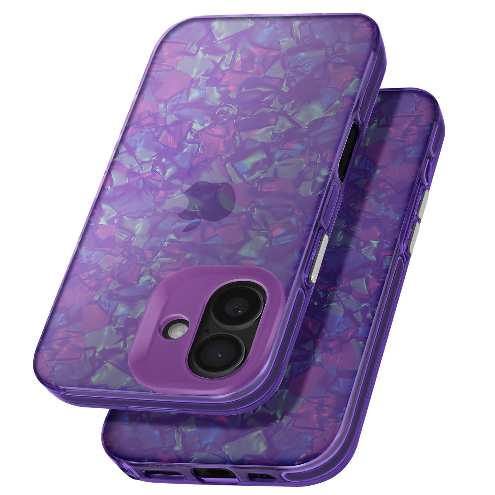 Custodia per telefono viola e verde marmorizzata. Sul telefono nero. La custodia è trasparente.