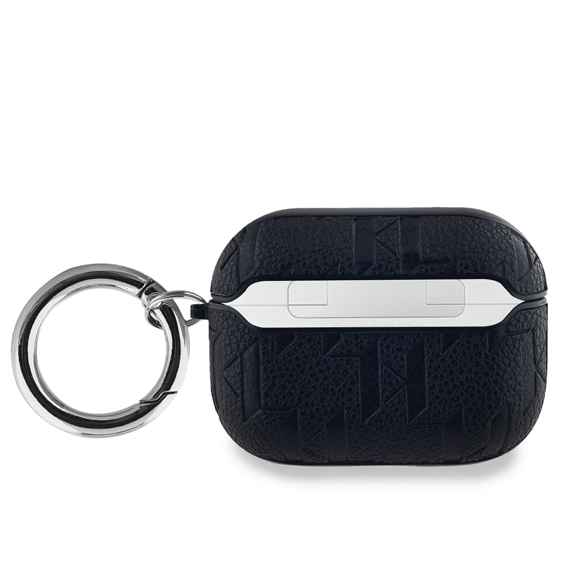 Funda negra para auriculares. La funda es texturizada, y un anillo plateado sujeta un llavero.