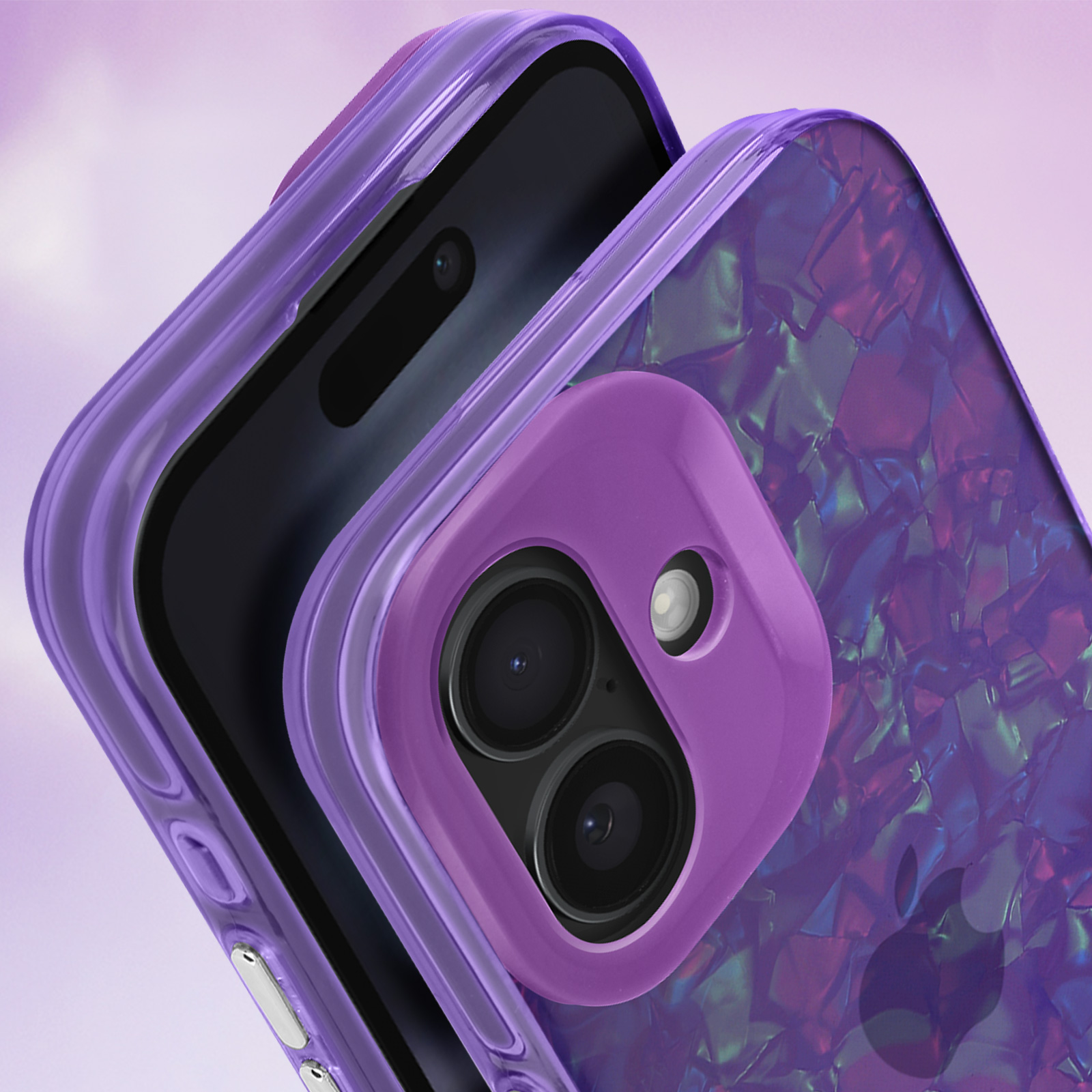 Custodia viola con protezione fotocamera viola. Il telefono è nero.