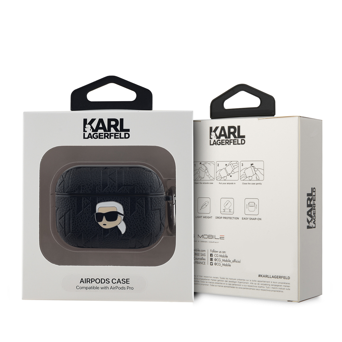Caja blanca para funda de AirPods Pro. Muestra funda negra con gato con gafas de sol.