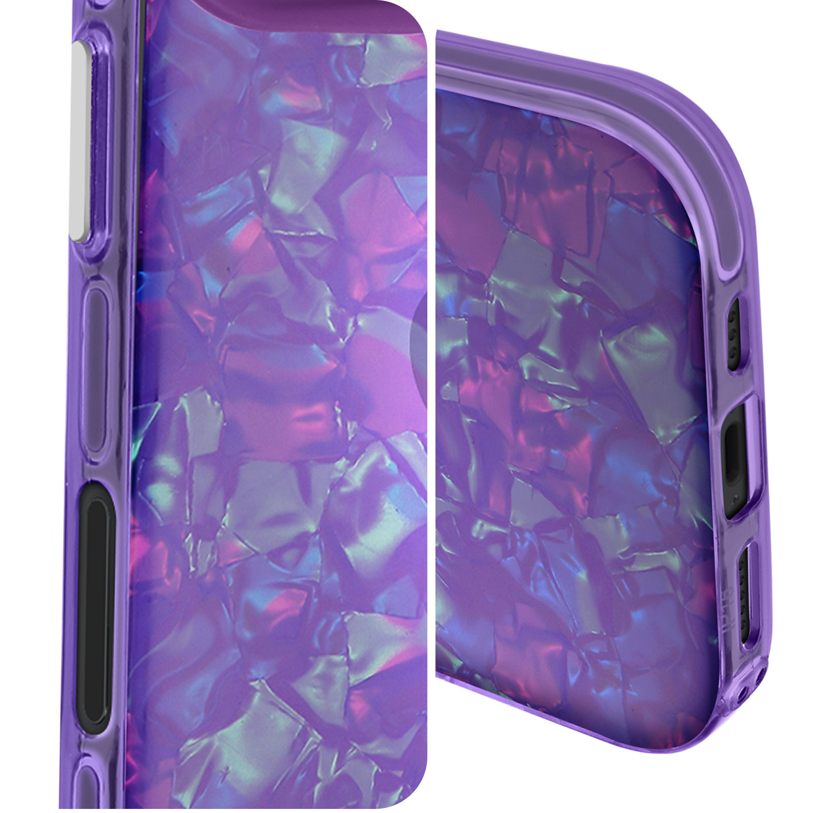 Primo piano di una custodia per telefono con un design a marmo viola. Bordi trasparenti.