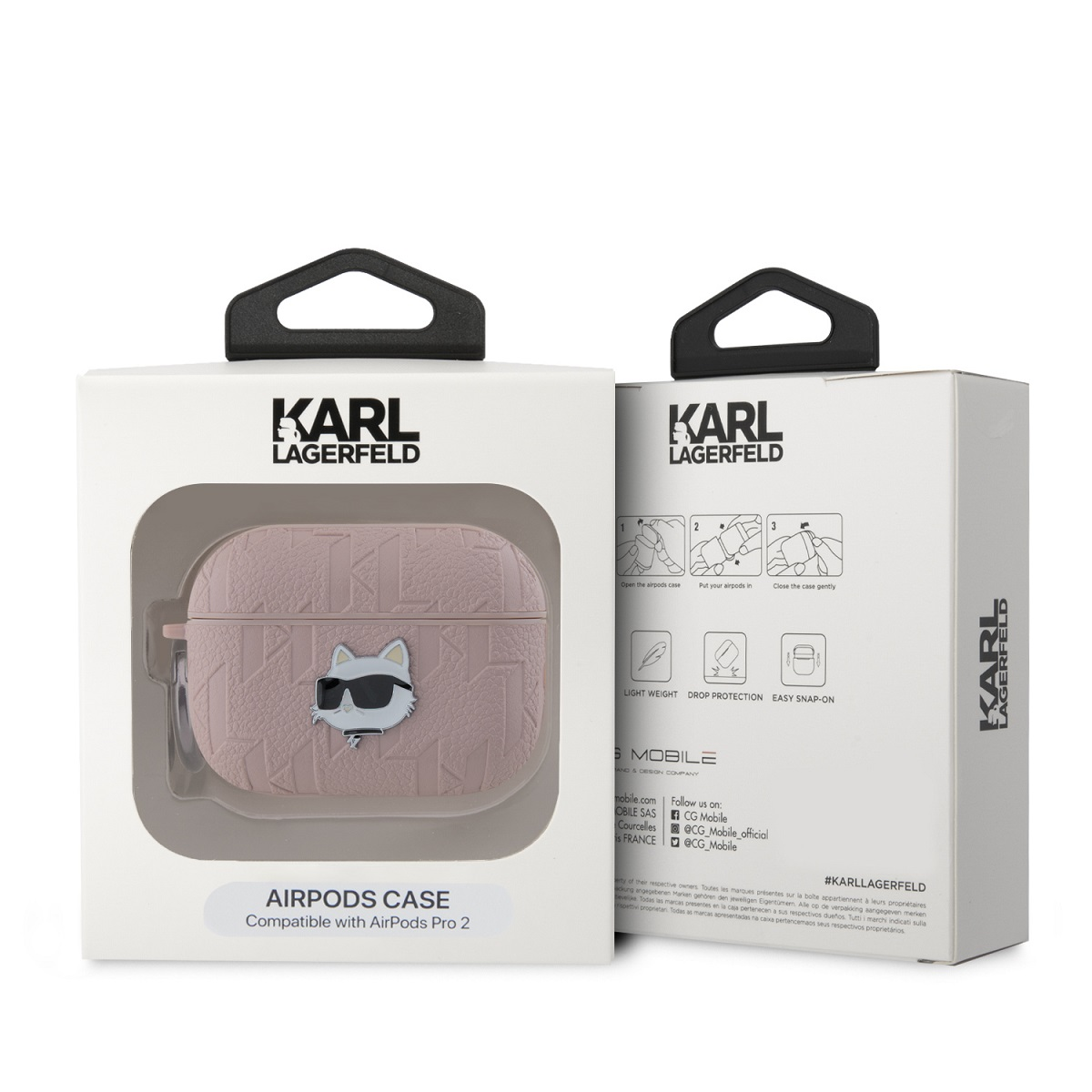 Caja con funda AirPods rosa con gato con gafas de sol. Texto en la caja.