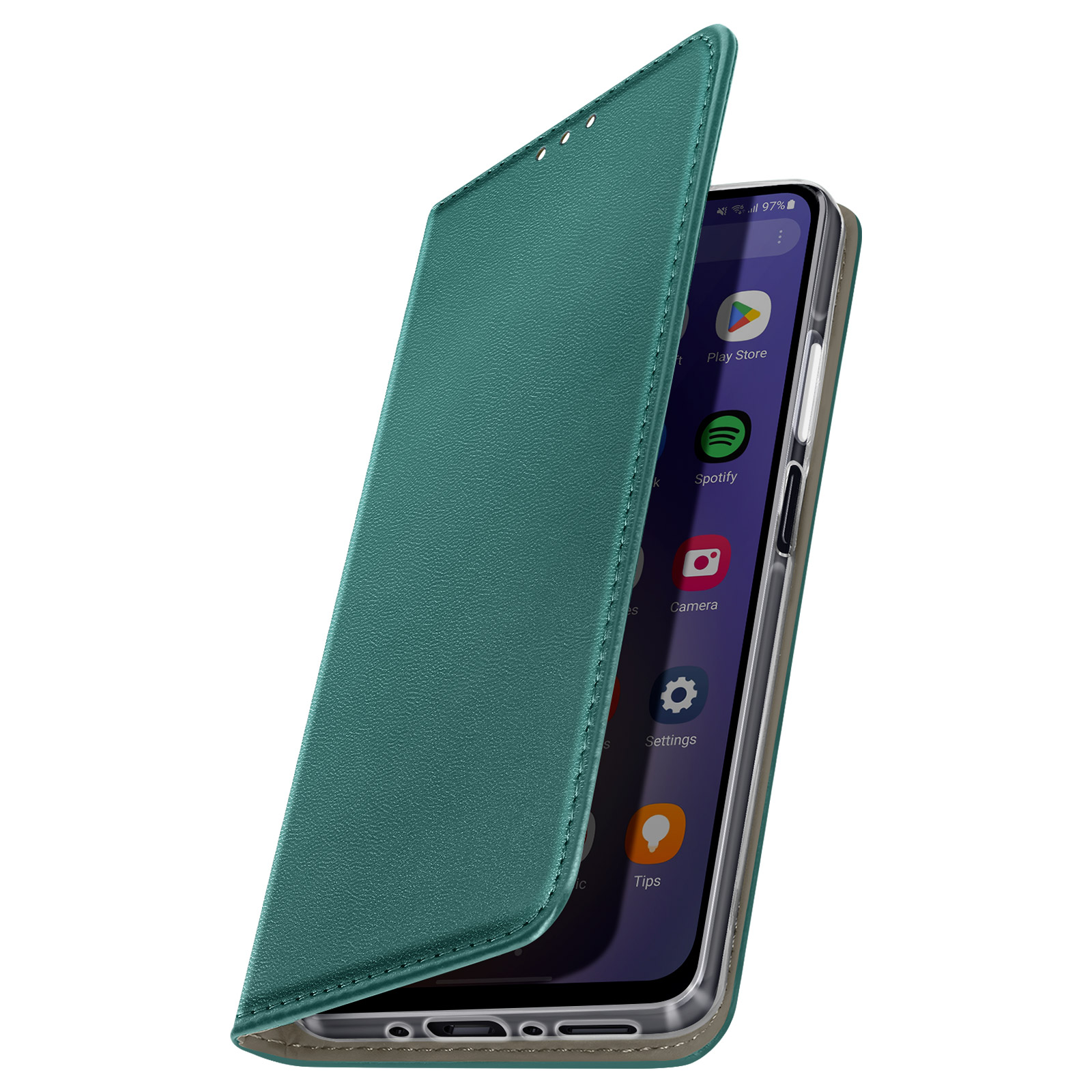 Custodia per telefono verde aperta, che mostra uno smartphone con icone di app.