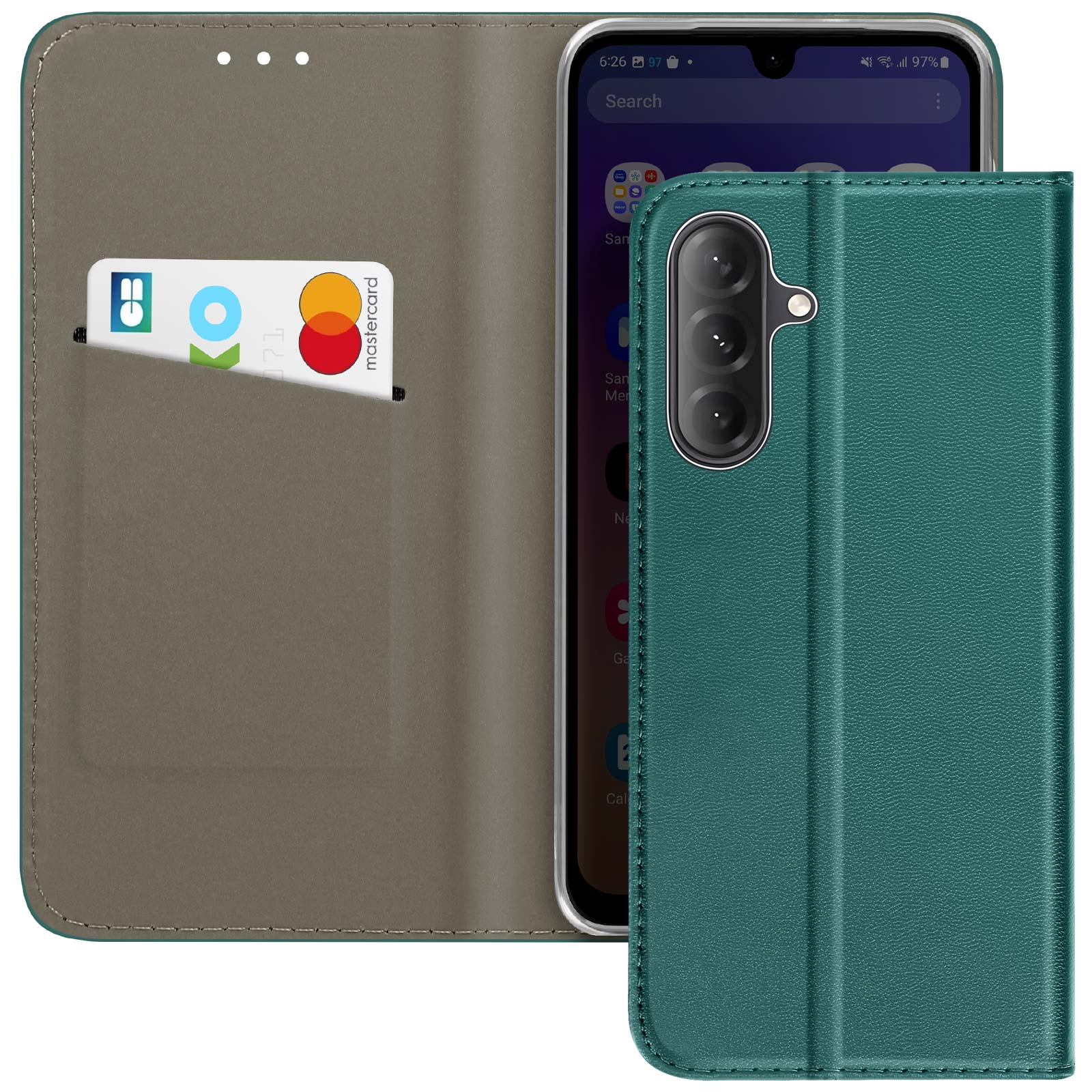 Custodia per telefono verde acqua, aperta con un telefono all'interno. Una carta nello slot. Sfondo bianco.