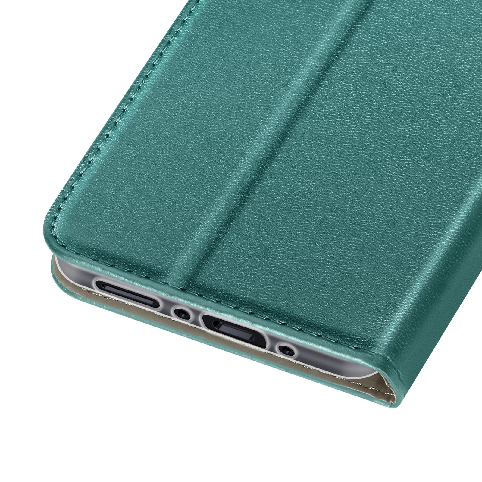 Primo piano di una custodia verde per telefono. La custodia è aperta, mostrando la porta e i pulsanti del telefono.