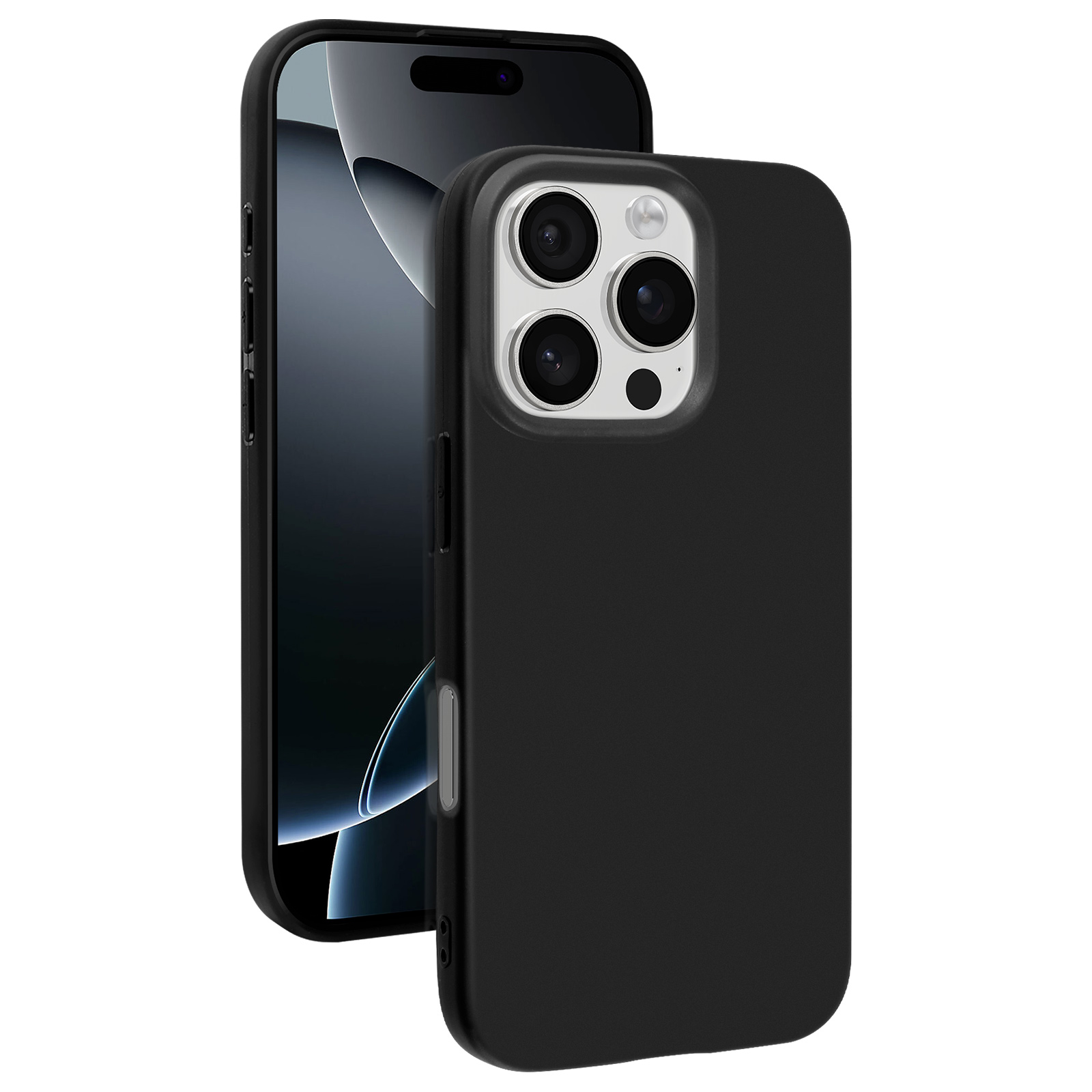 Telefono e custodia neri. Il telefono è a sinistra, la custodia a destra. Sfondo bianco.