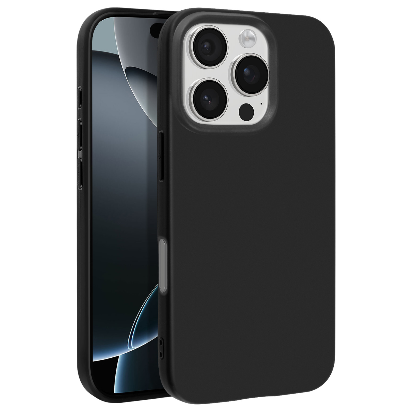 Custodia nera con lenti della fotocamera e schermo del telefono visibile a sinistra.