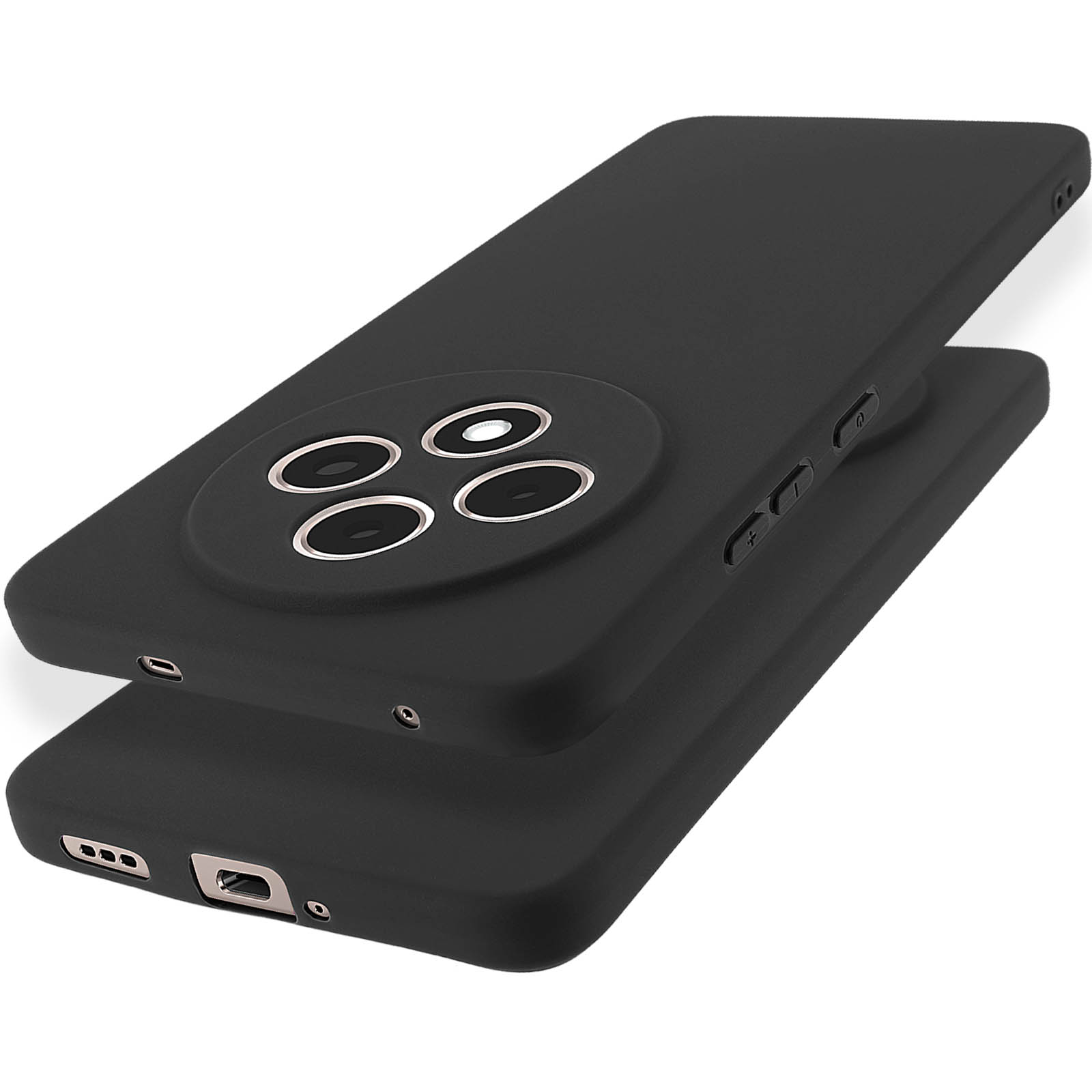 Due custodie per telefono nere con moduli fotocamera e pulsanti laterali visibili.