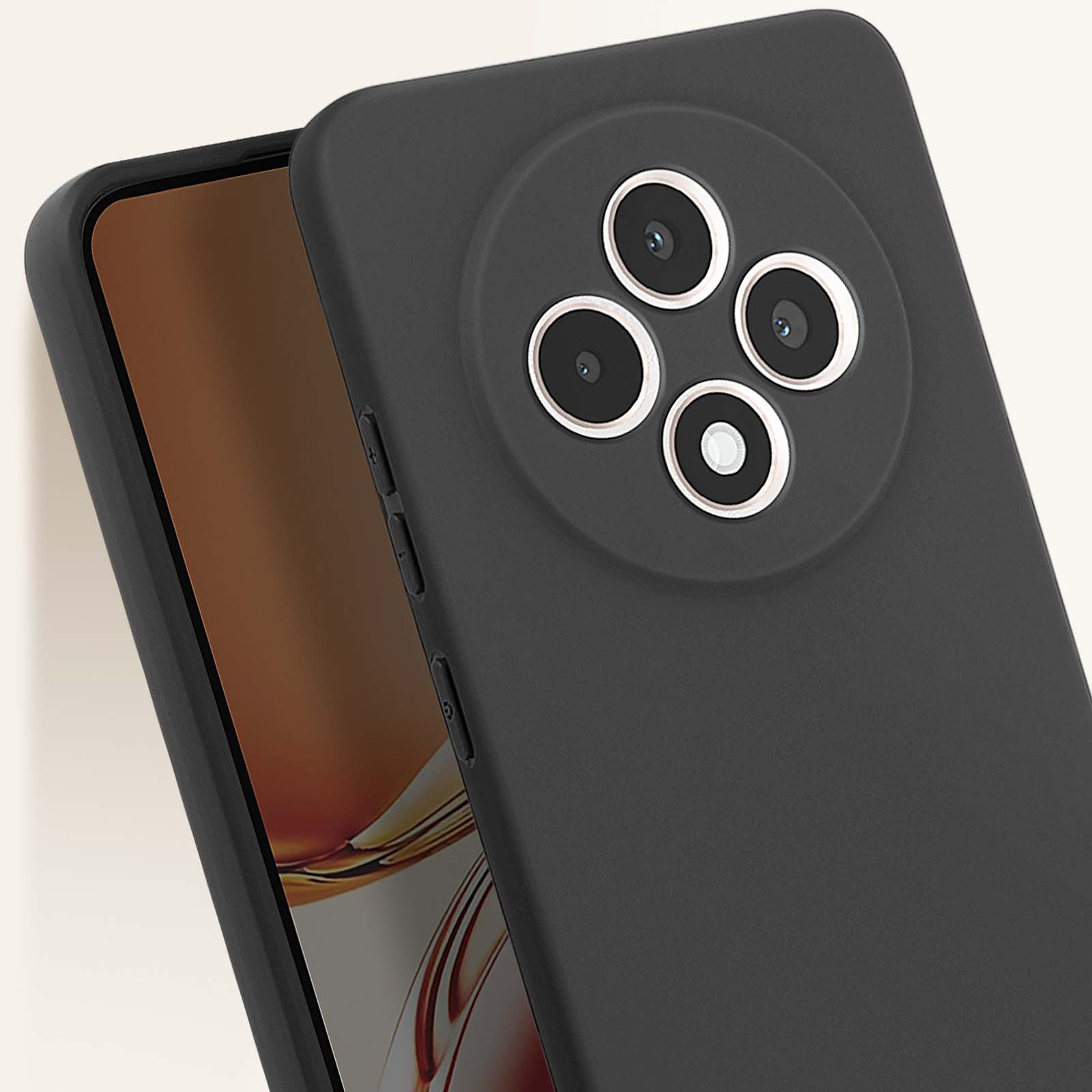 Una custodia per telefono nera con un modulo fotocamera e lo schermo del telefono visibile.