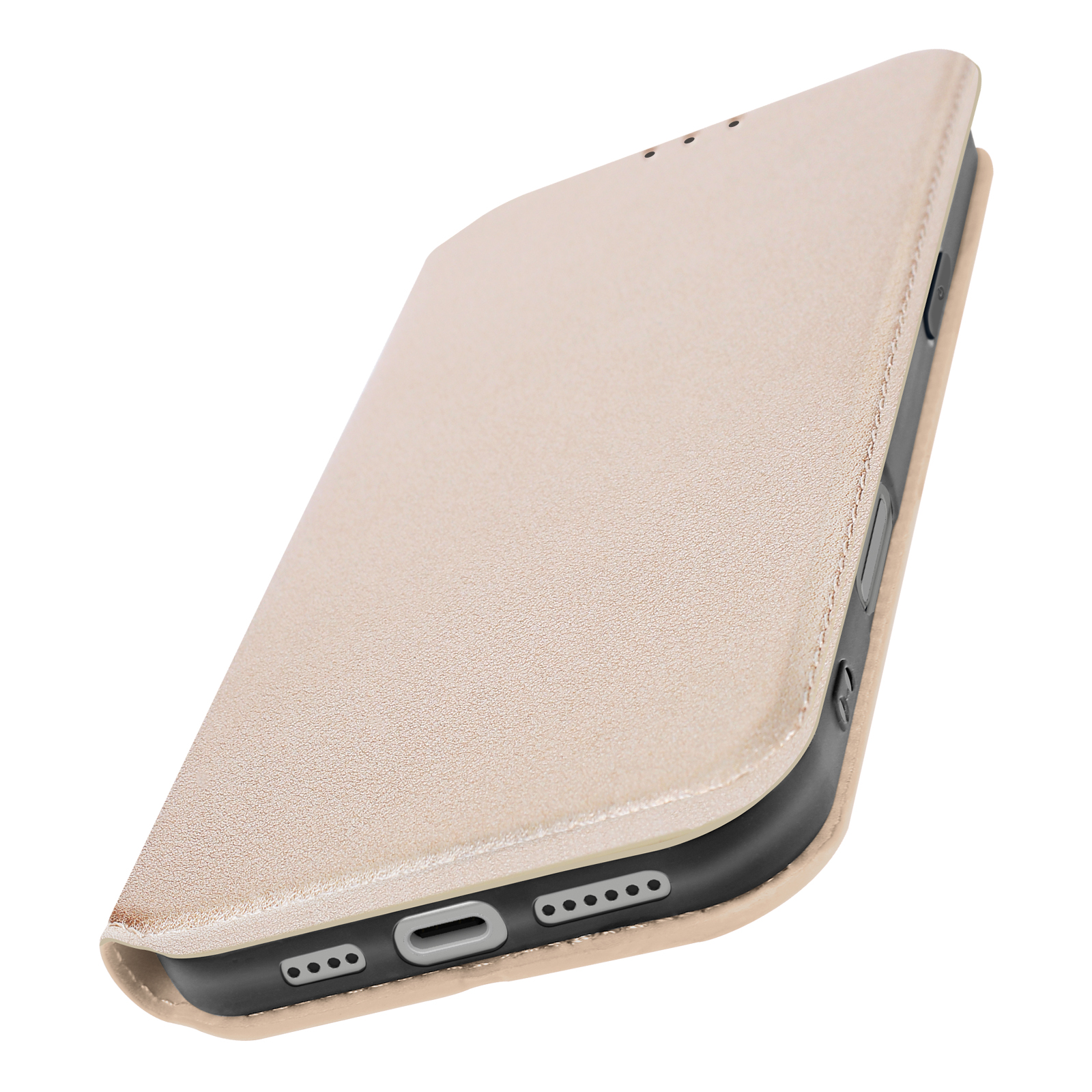 Beige Handyhülle, offen, zeigt die Seite des Telefons. Zeigt die Ein-/Aus- und Lautstärketasten.
