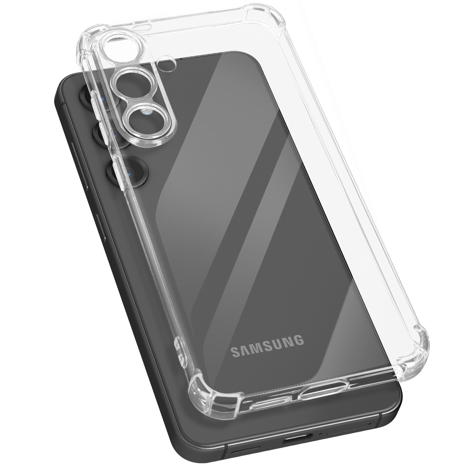 Custodia trasparente con telefono. Telefono Samsung visibile. Trasparente e protettiva.