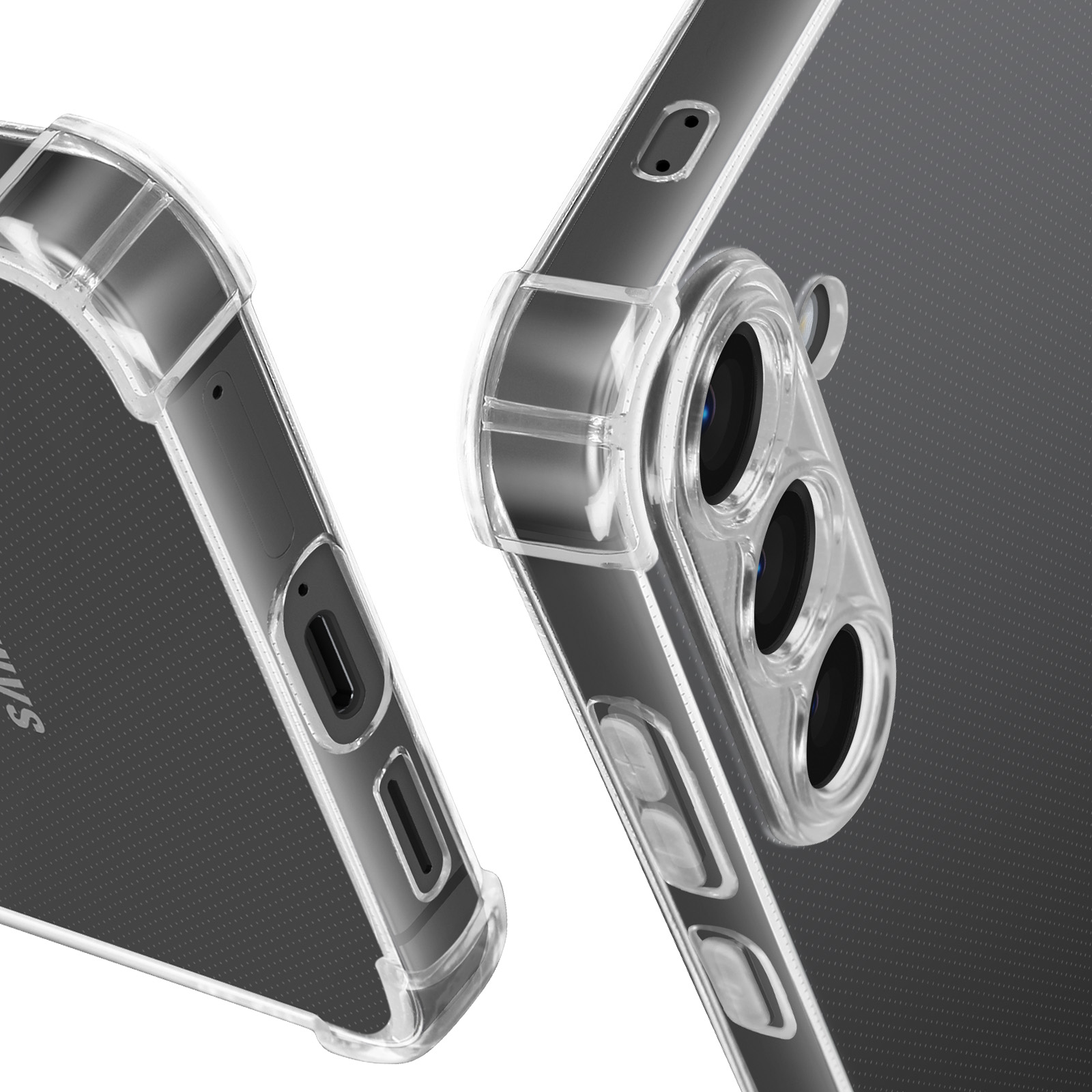 Primo piano di due custodie trasparenti per telefono, che mostrano l'obiettivo della fotocamera e le porte.