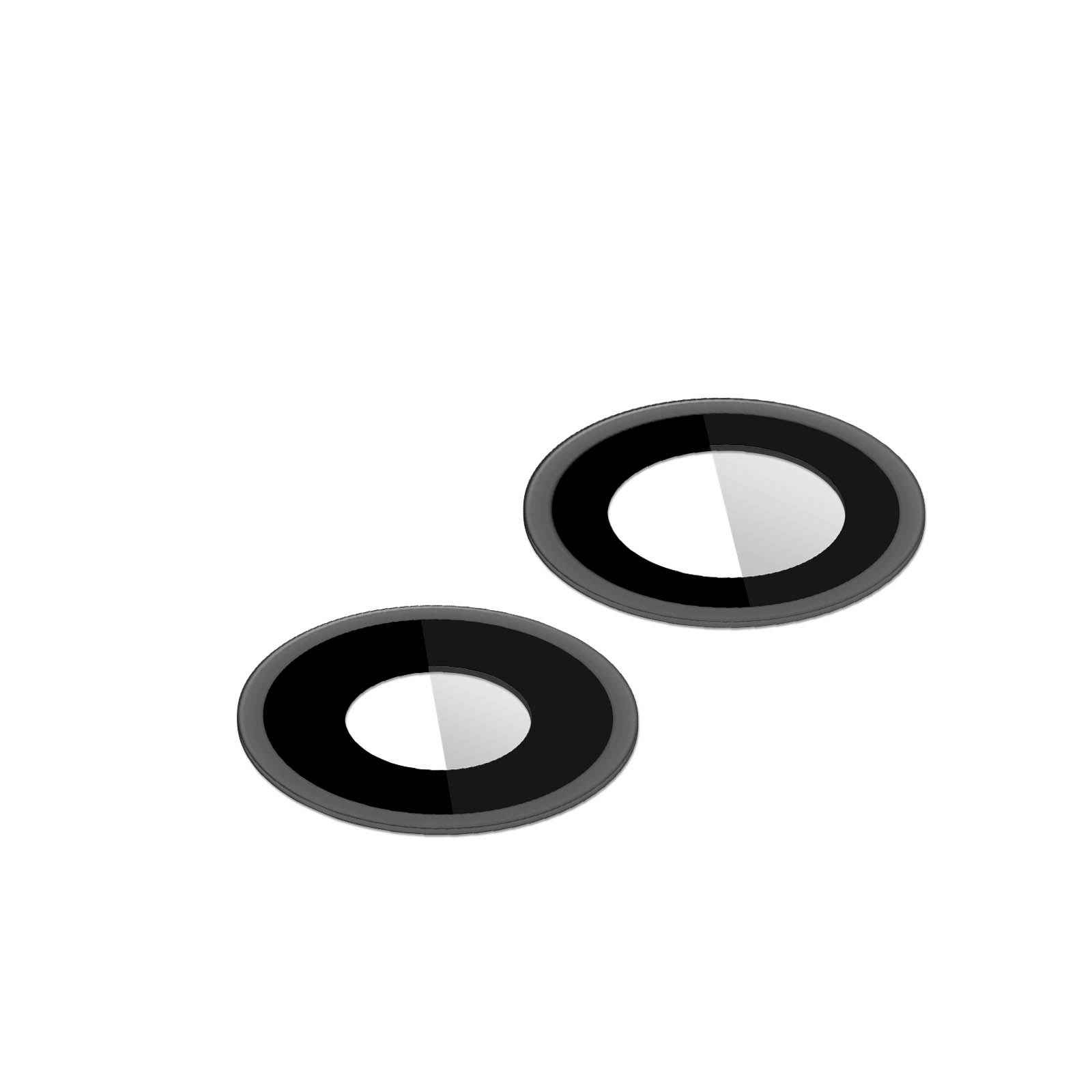 Due protezioni per lenti della fotocamera nere. Sfondo bianco.