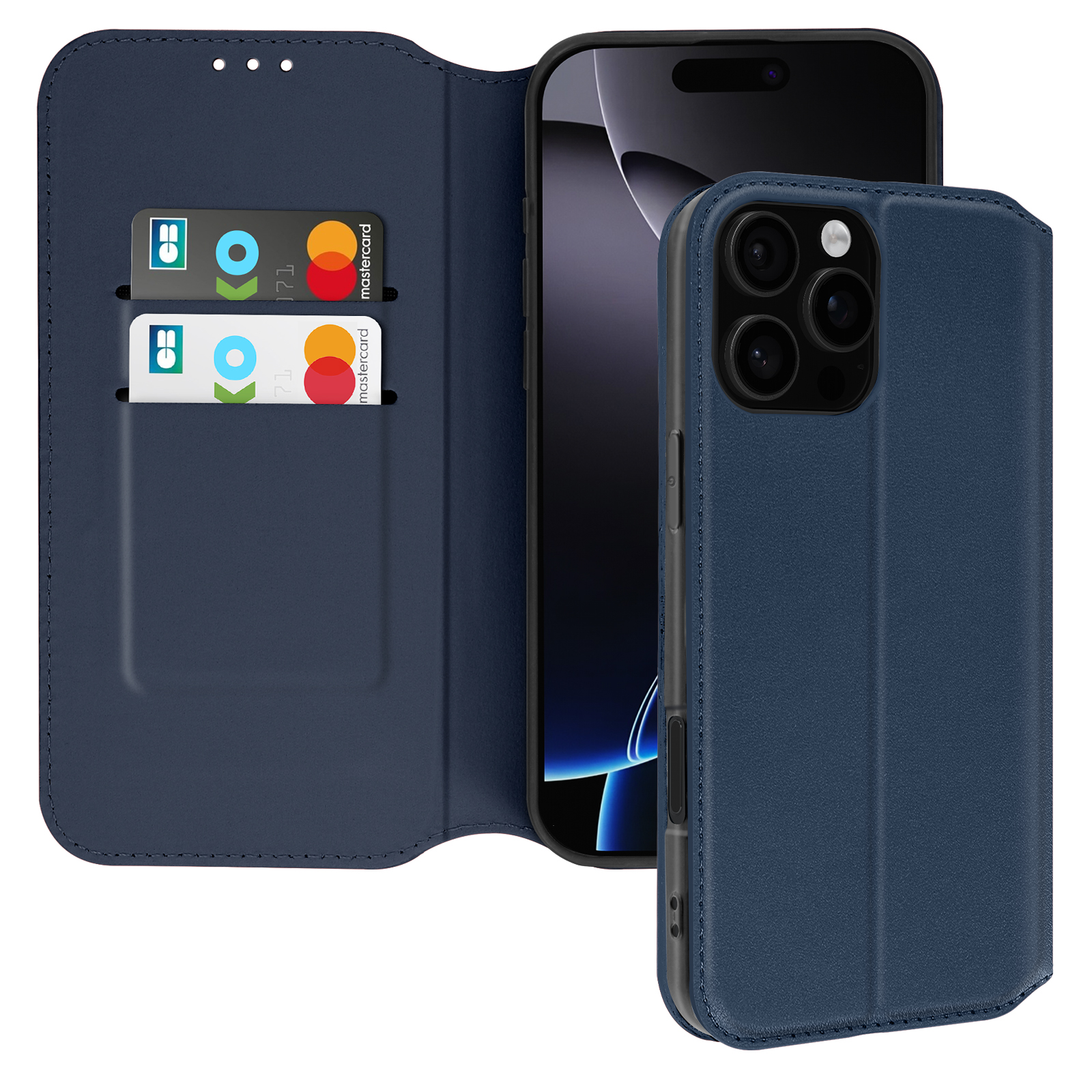 Custodia blu per telefono con portafoglio aperto. Mostra carte e telefono. Sfondo bianco.