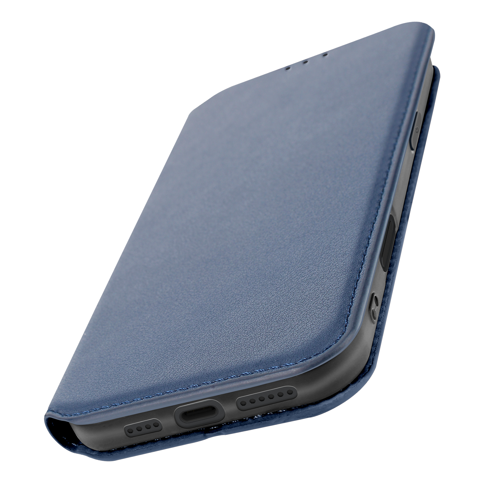 Custodia blu chiusa, che mostra la parte superiore. Texture in pelle.