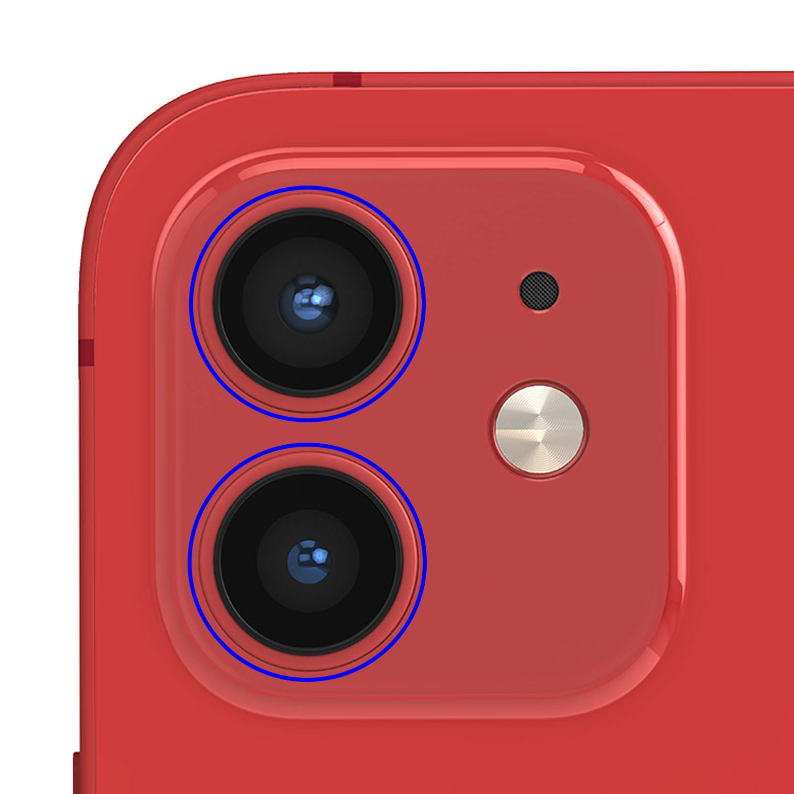 Telefono rosso con due lenti della fotocamera evidenziate da cerchi blu. Sfondo bianco.