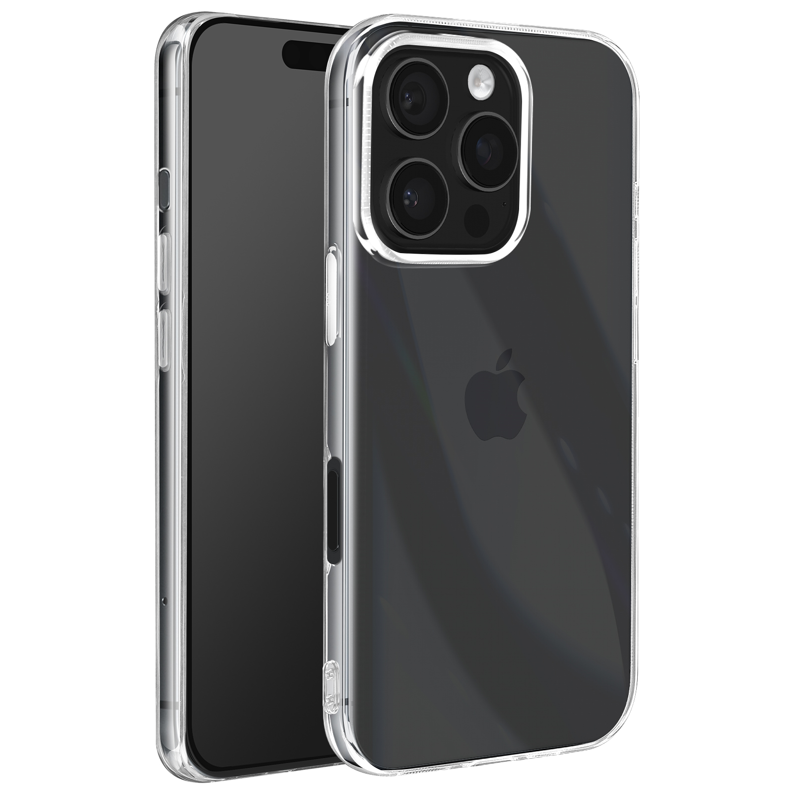 Custodia trasparente per telefono su telefono nero. Logo Apple visibile. Vista laterale, sfondo bianco.