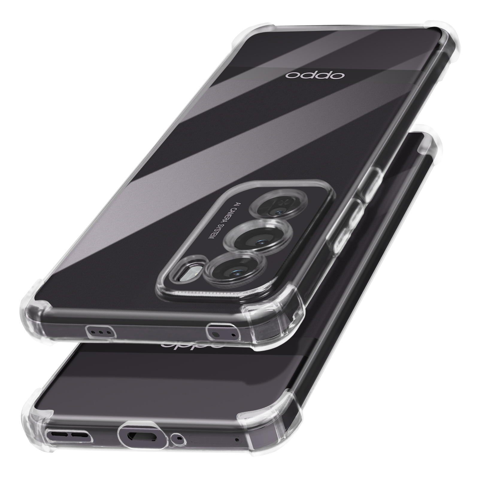 Custodia trasparente per telefono su telefono nero. Logo Oppo visibile. Sistema fotocamera visibile. Primo piano.