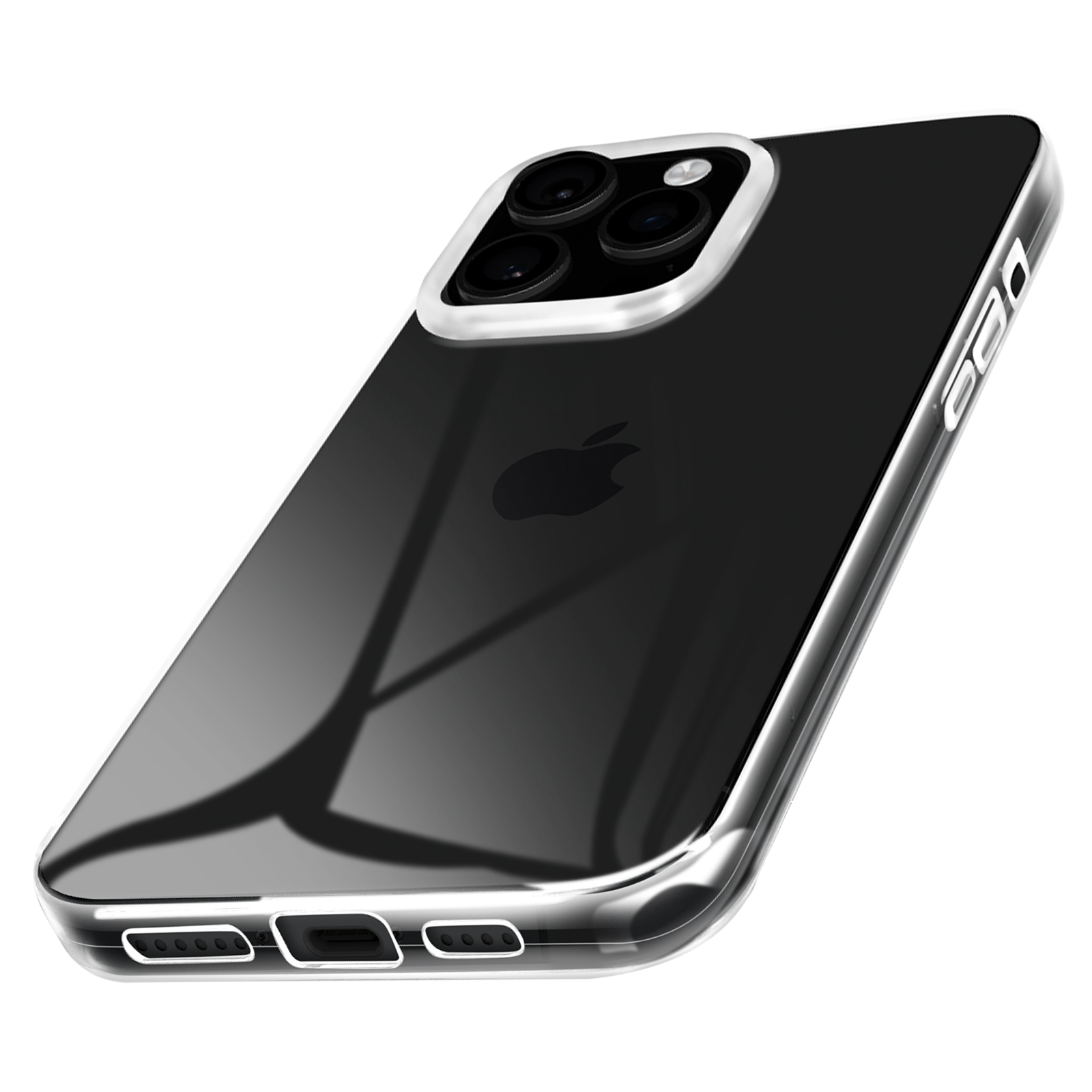 Telefono nero con custodia trasparente. Obiettivi della fotocamera visibili. Sfondo bianco.