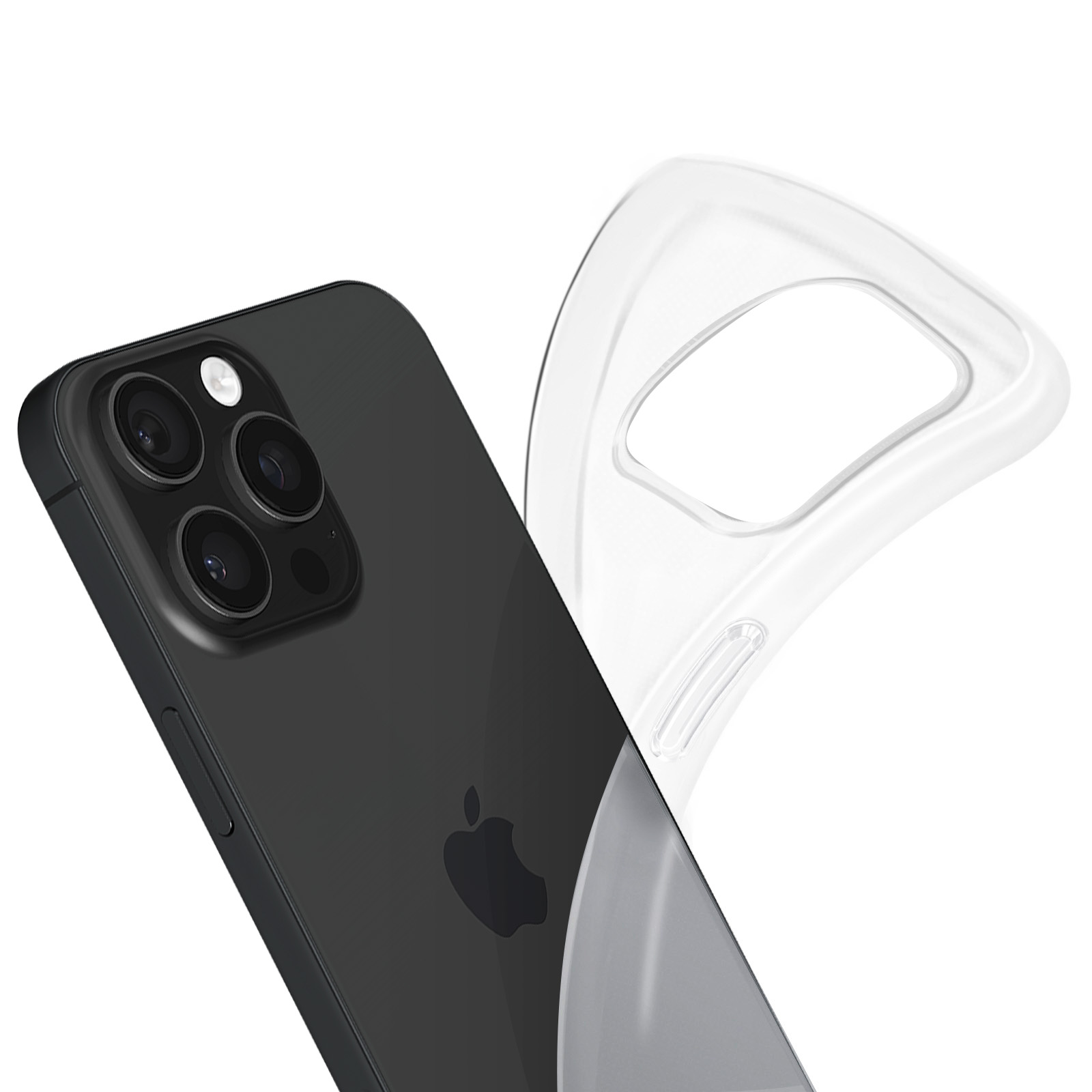 Telefono nero e custodia trasparente. Logo Apple visibile sul telefono. Sfondo bianco.
