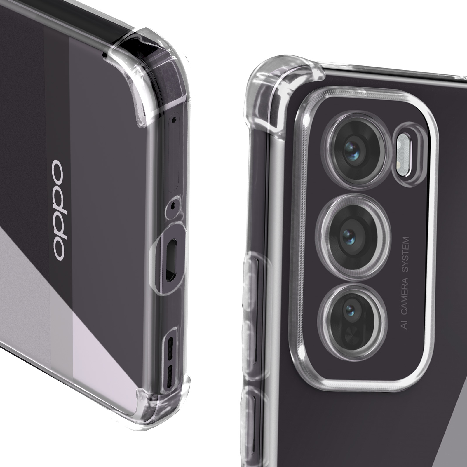 Custodia trasparente per telefono su telefono nero. Logo Oppo visibile. Dettagli della fotocamera. Primo piano.