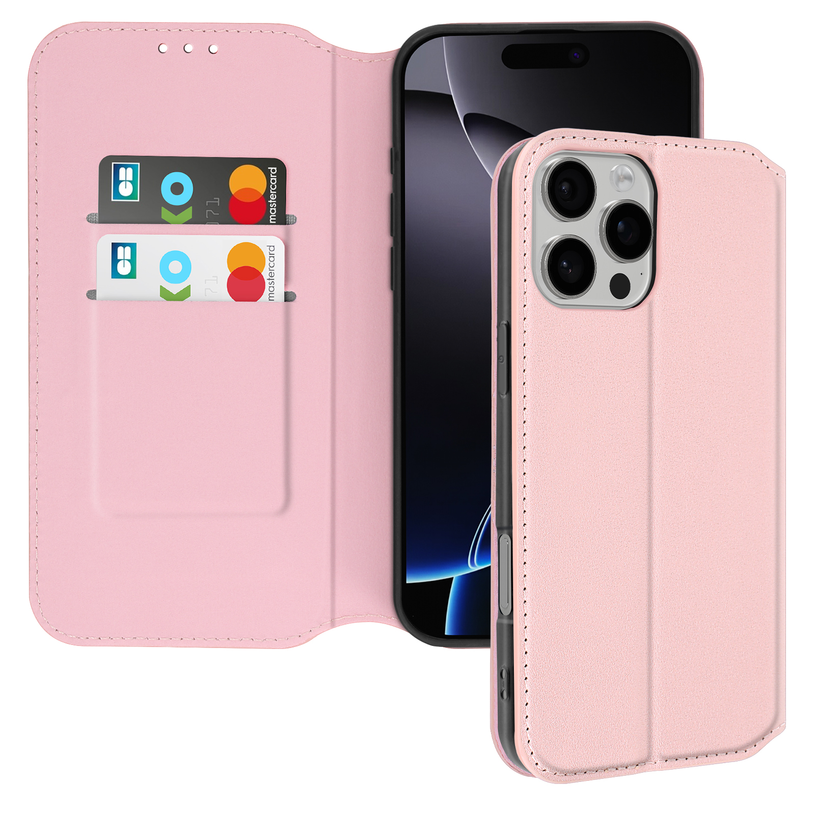 Custodia rosa per telefono con portafoglio aperto. Carte e telefono visibili. Sfondo bianco.